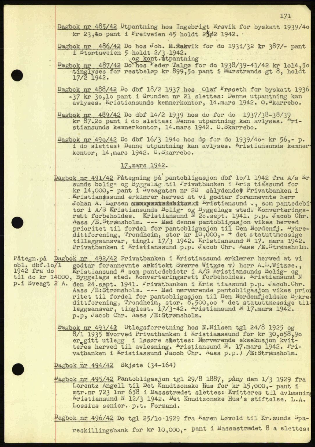 Kristiansund byfogd, SAT/A-4587/A/27: Mortgage book no. 32a, 1938-1946, Diary no: : 488/1942