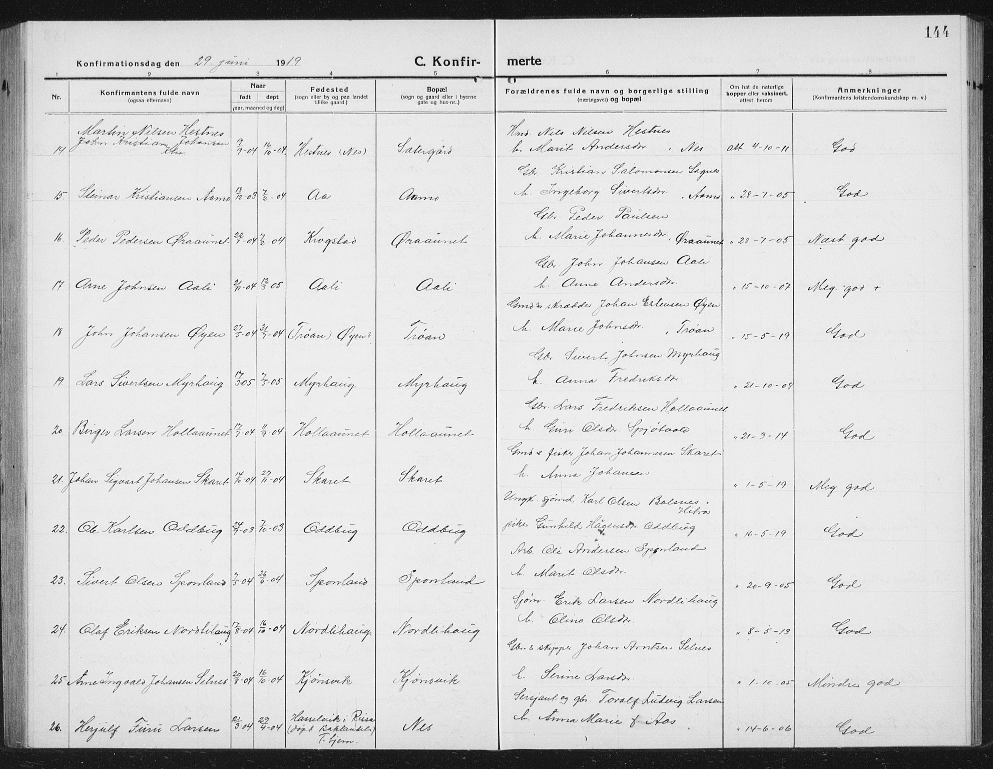 Ministerialprotokoller, klokkerbøker og fødselsregistre - Sør-Trøndelag, SAT/A-1456/630/L0506: Parish register (copy) no. 630C04, 1914-1933, p. 144