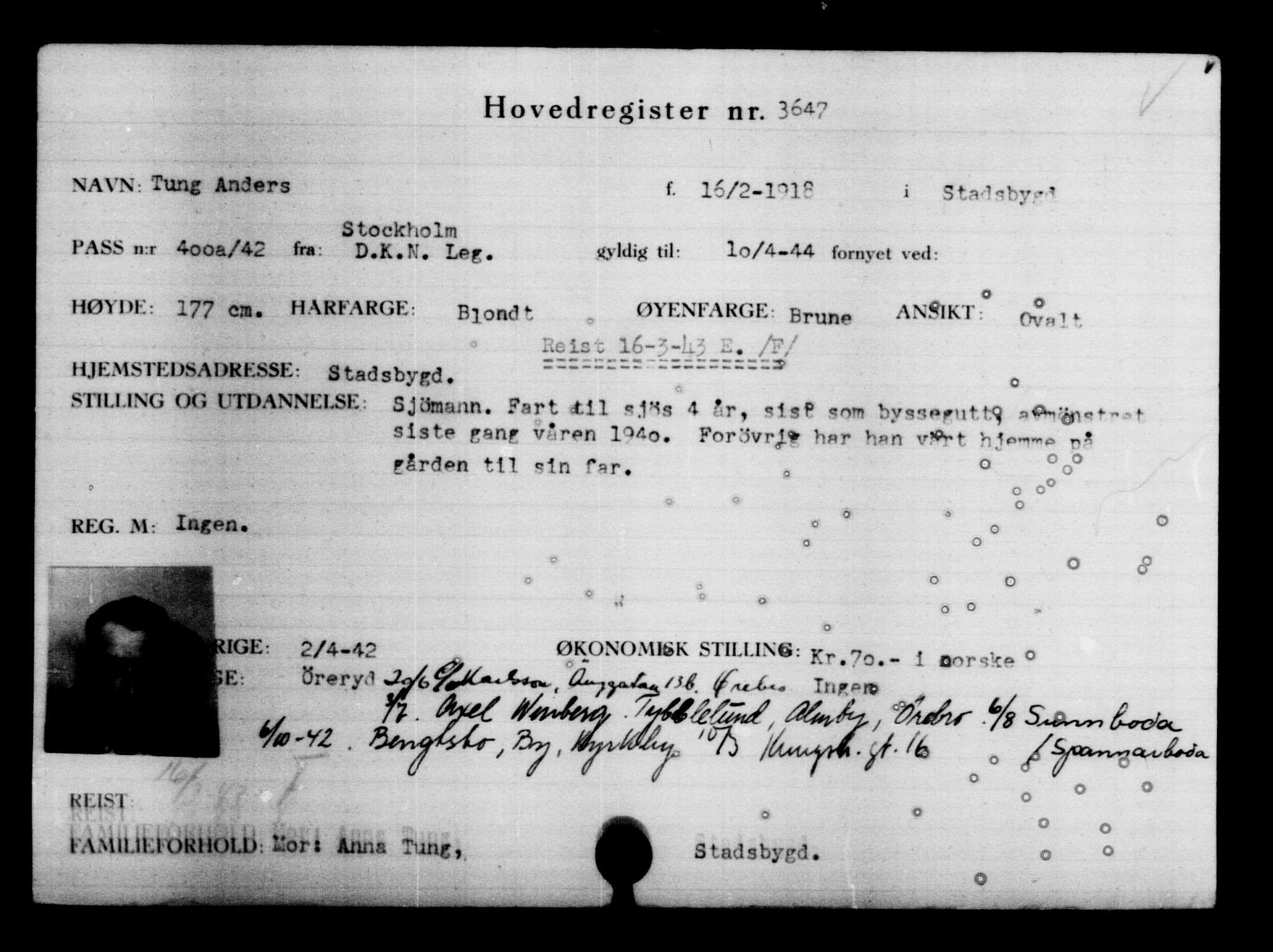 Utenriksstasjonene, Legasjonen i Stockholm, Flyktningkontoret, AV/RA-S-6753/V/Va/L0004: Kjesäterkartoteket, flyktninger med registreringsnr. 3496-6610, 1940-1945, p. 174