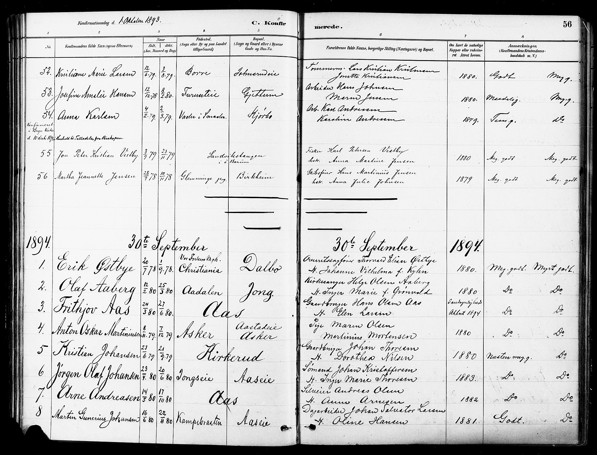 Asker prestekontor Kirkebøker, SAO/A-10256a/F/Fb/L0002: Parish register (official) no. II 2, 1879-1921, p. 56