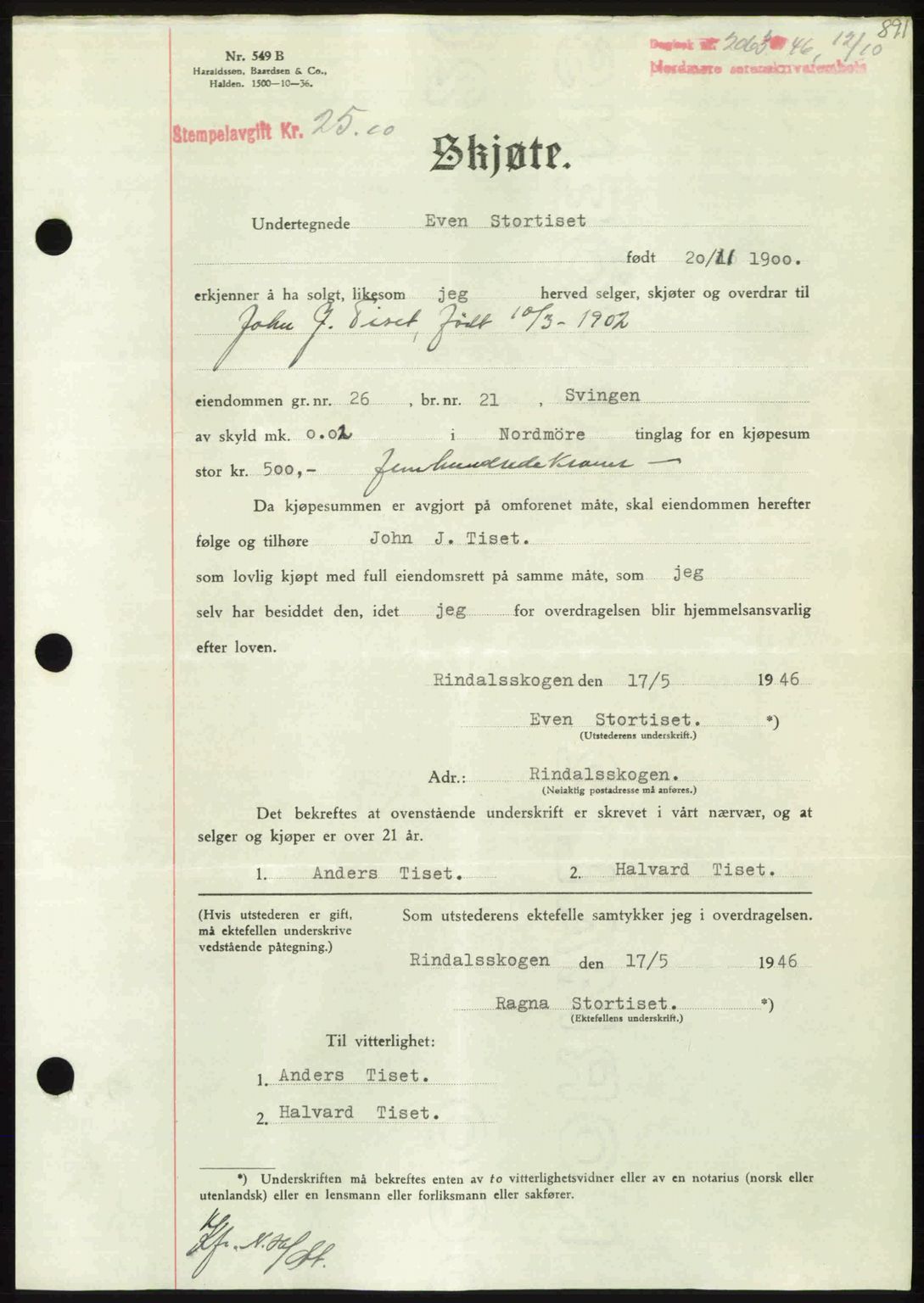 Nordmøre sorenskriveri, AV/SAT-A-4132/1/2/2Ca: Mortgage book no. A102, 1946-1946, Diary no: : 2063/1946