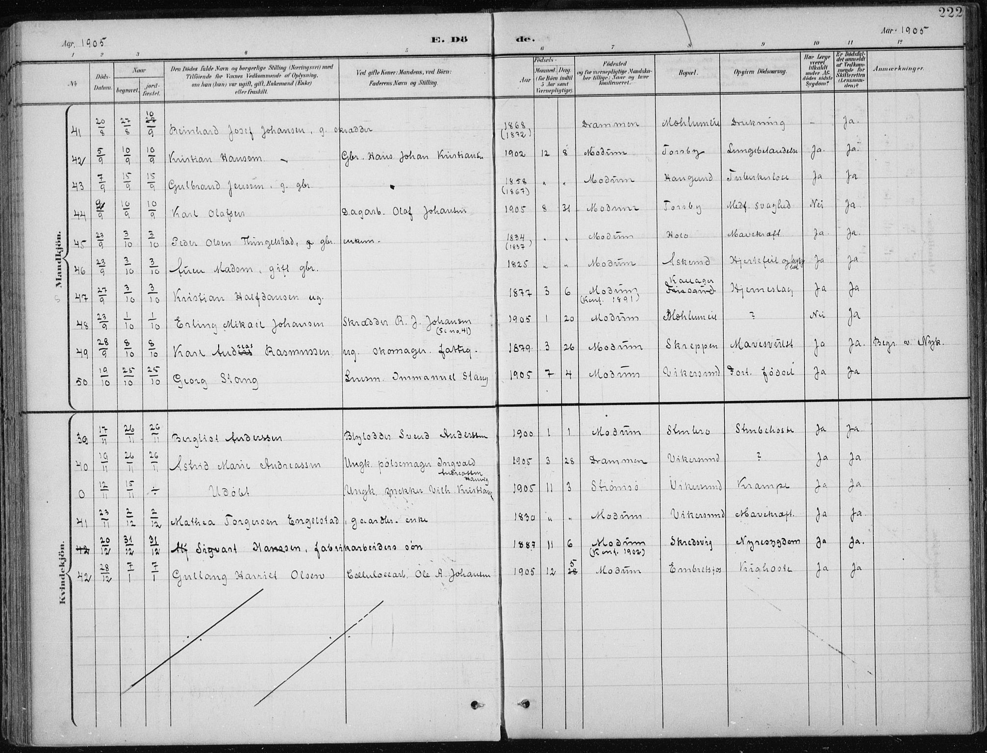 Modum kirkebøker, AV/SAKO-A-234/F/Fa/L0013: Parish register (official) no. 13, 1899-1907, p. 222