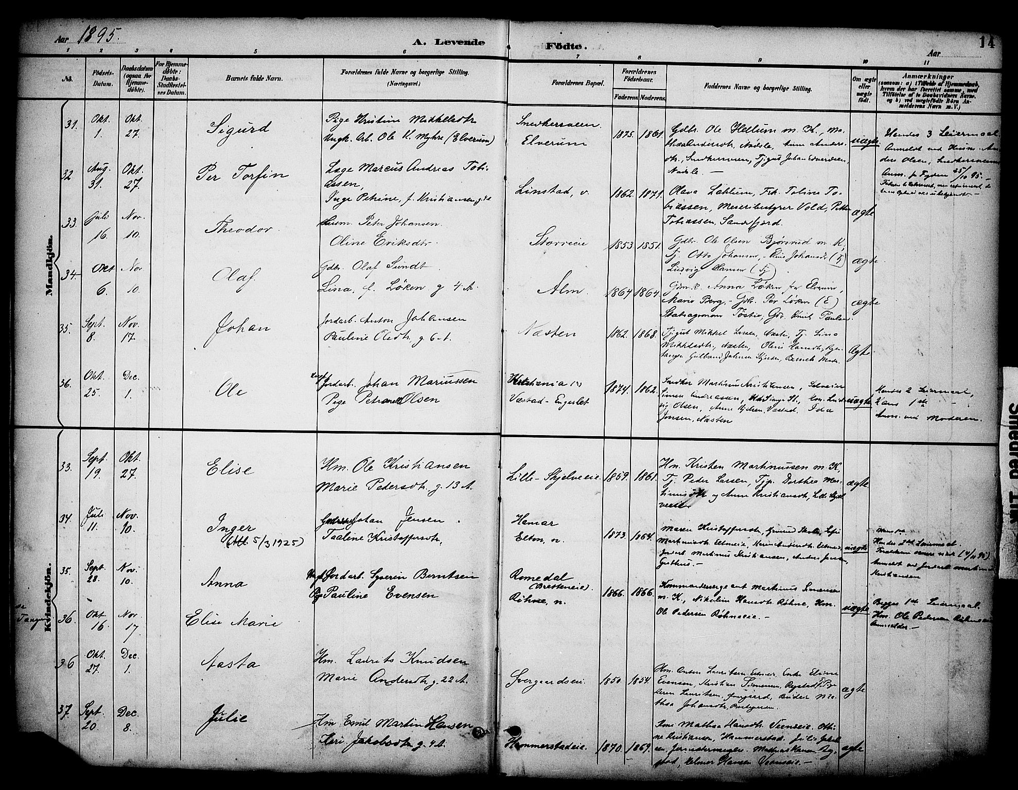 Stange prestekontor, AV/SAH-PREST-002/K/L0020: Parish register (official) no. 20, 1894-1905, p. 14