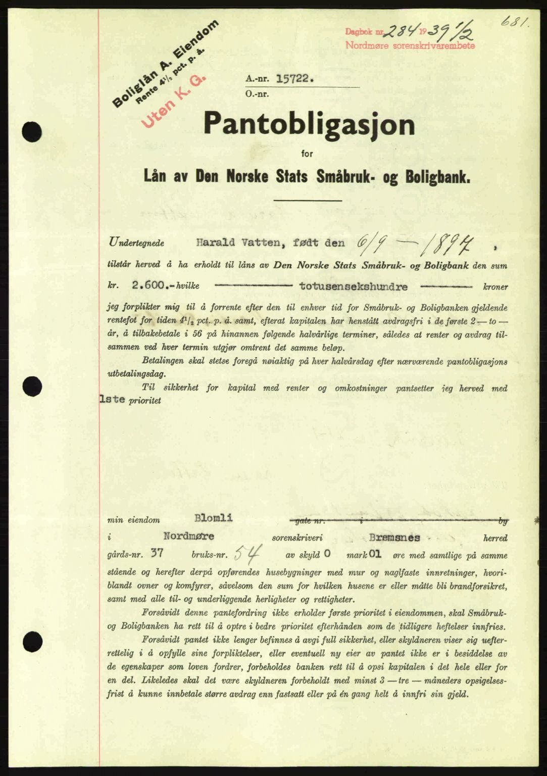 Nordmøre sorenskriveri, AV/SAT-A-4132/1/2/2Ca: Mortgage book no. B84, 1938-1939, Diary no: : 284/1939