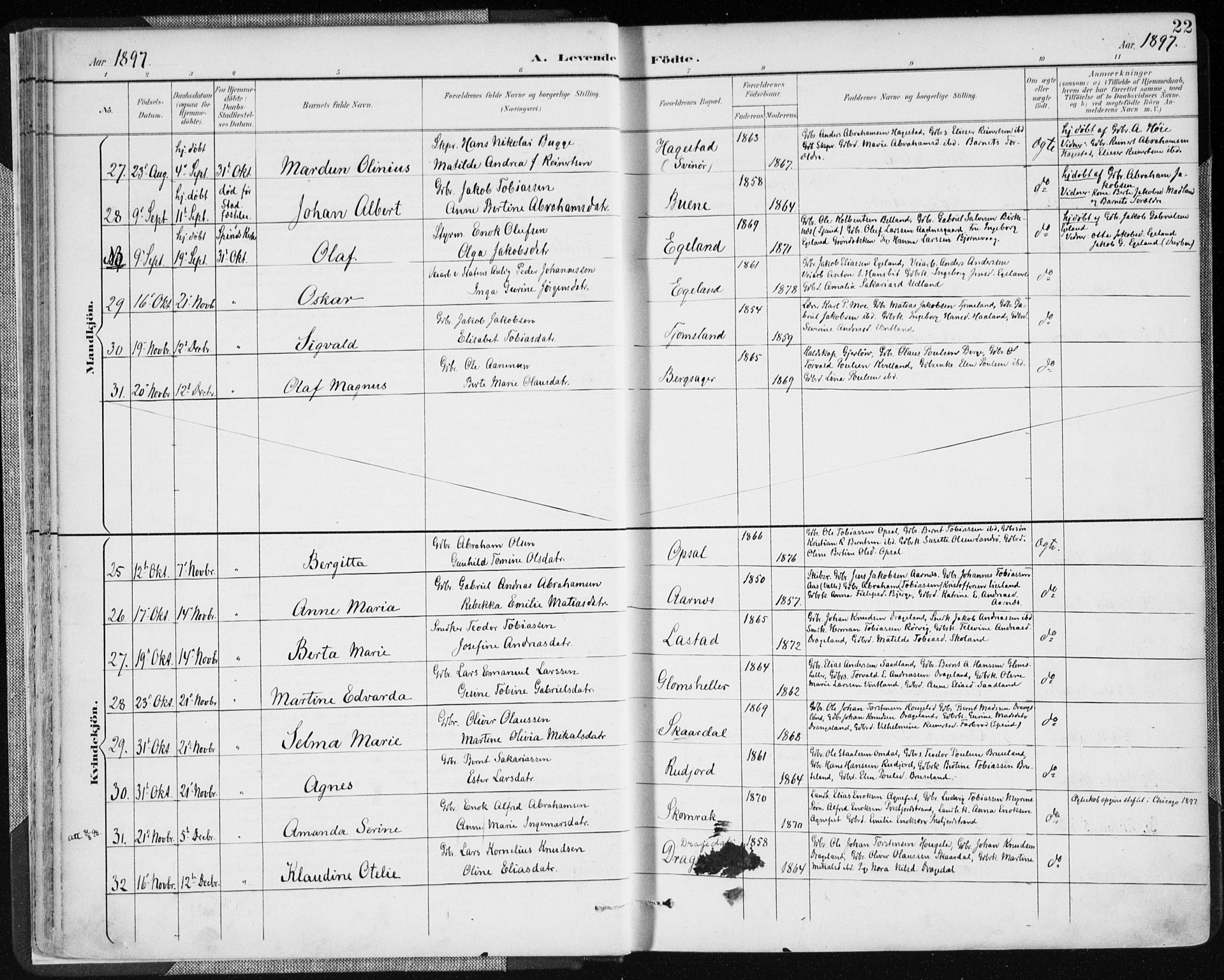 Lyngdal sokneprestkontor, AV/SAK-1111-0029/F/Fa/Fac/L0012: Parish register (official) no. A 12, 1894-1918, p. 22