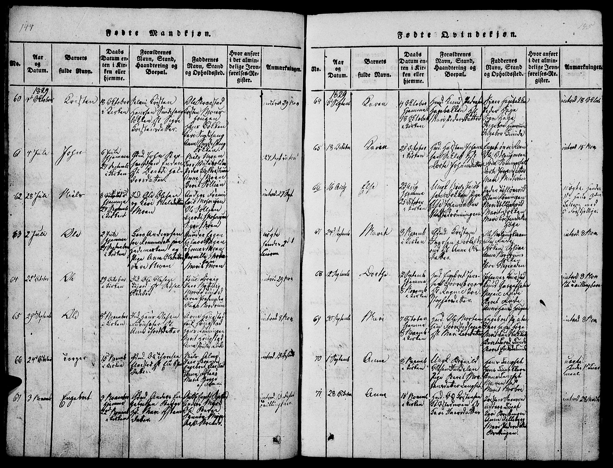 Ringebu prestekontor, SAH/PREST-082/H/Ha/Hab/L0001: Parish register (copy) no. 1, 1821-1839, p. 144-145