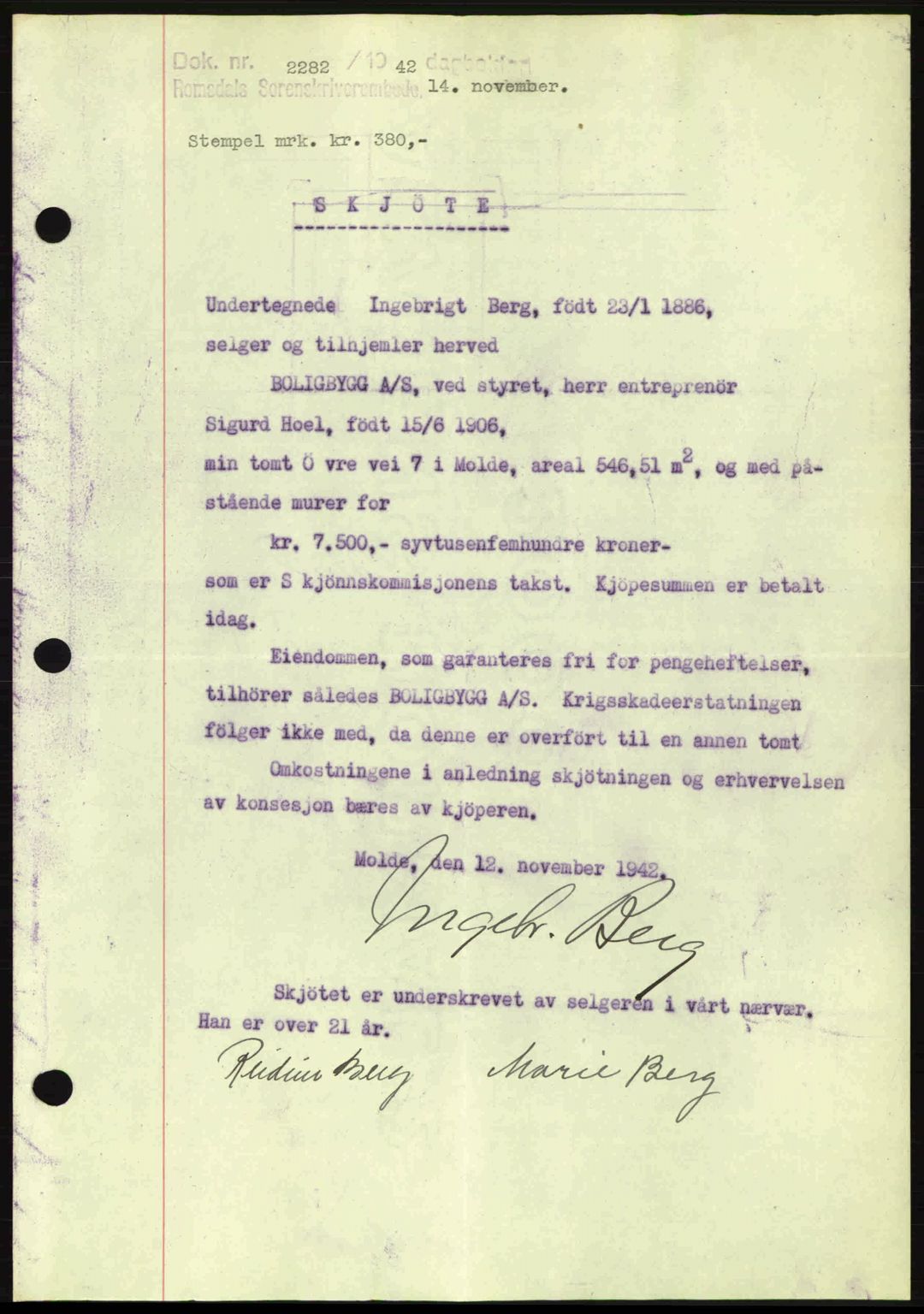 Romsdal sorenskriveri, AV/SAT-A-4149/1/2/2C: Mortgage book no. A13, 1942-1943, Diary no: : 2282/1942