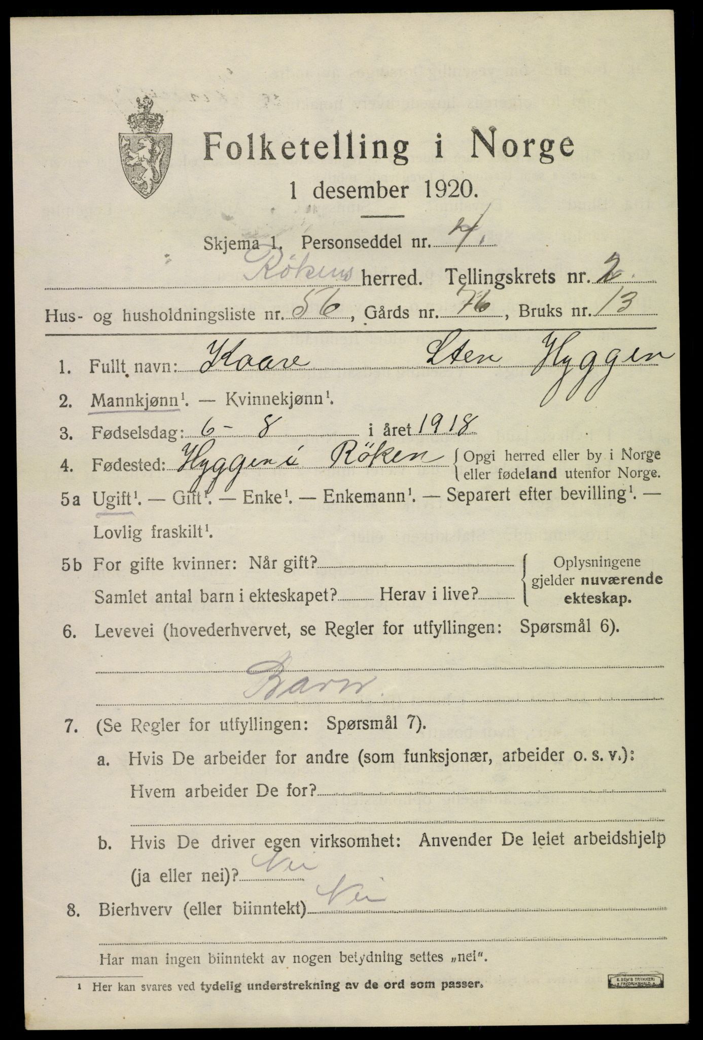 SAKO, 1920 census for Røyken, 1920, p. 3616