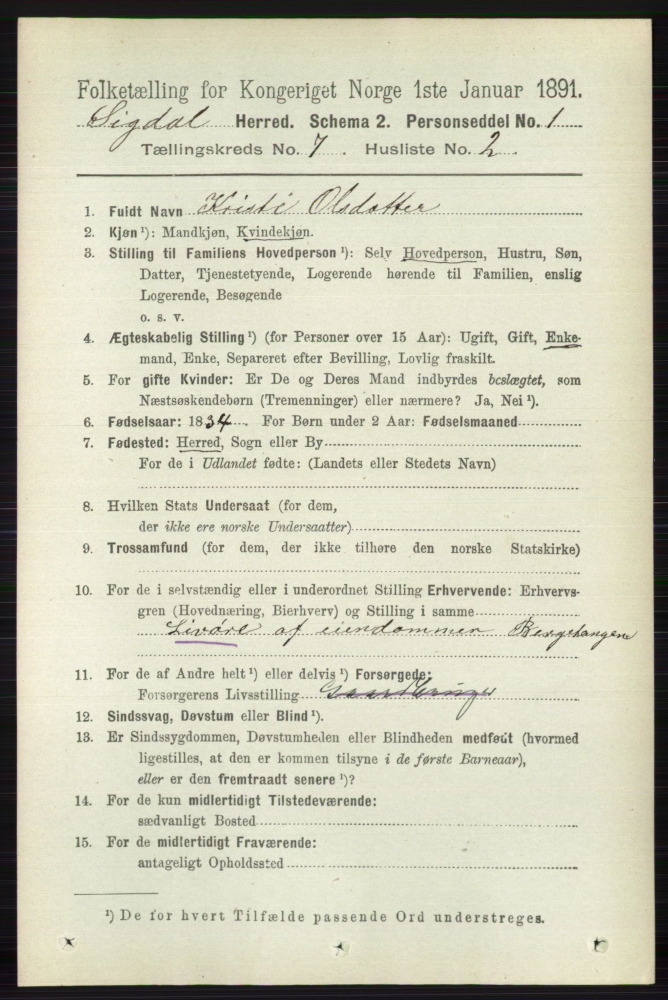 RA, 1891 census for 0621 Sigdal, 1891, p. 2726