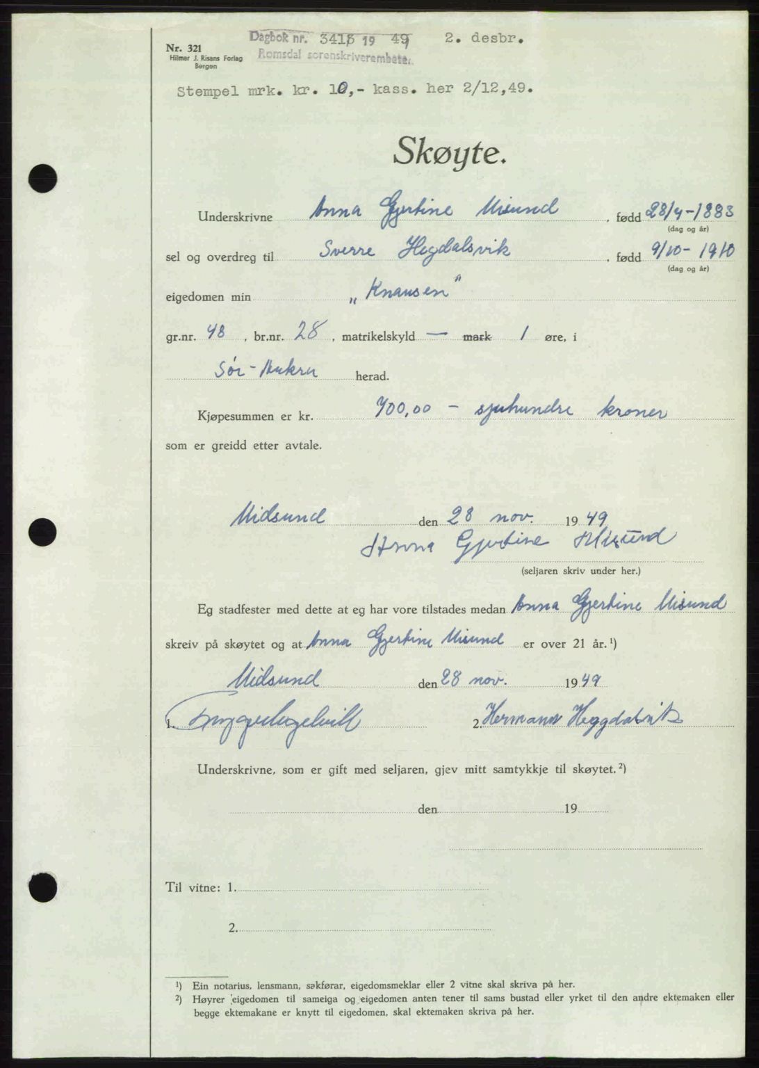 Romsdal sorenskriveri, AV/SAT-A-4149/1/2/2C: Mortgage book no. A31, 1949-1949, Diary no: : 3413/1949