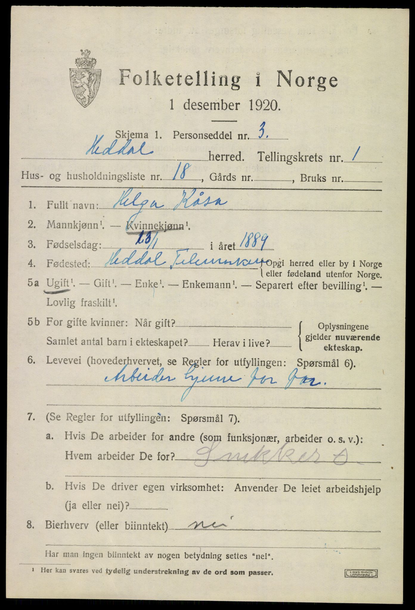 SAKO, 1920 census for Heddal, 1920, p. 1626