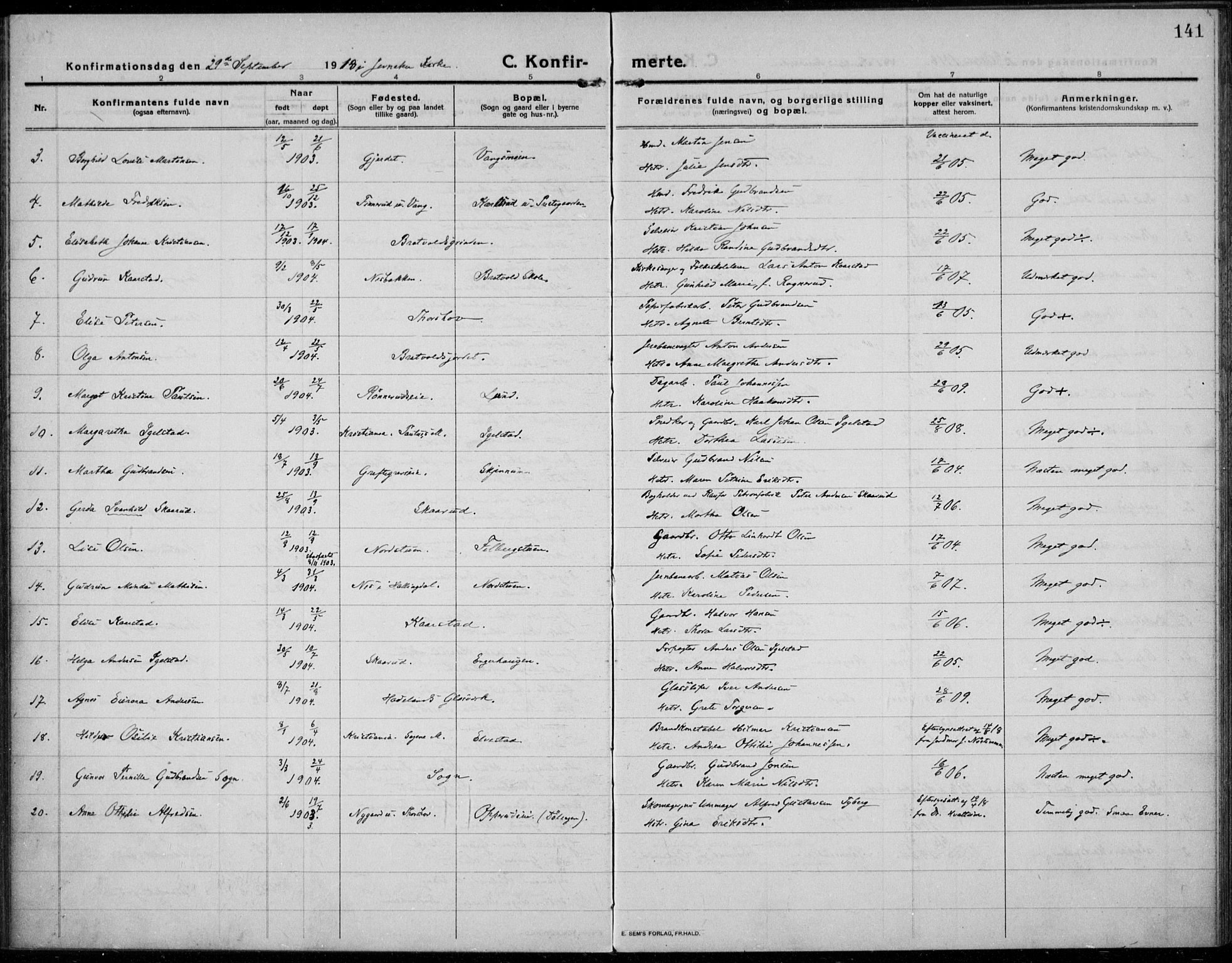 Jevnaker prestekontor, SAH/PREST-116/H/Ha/Haa/L0012: Parish register (official) no. 12, 1914-1924, p. 141