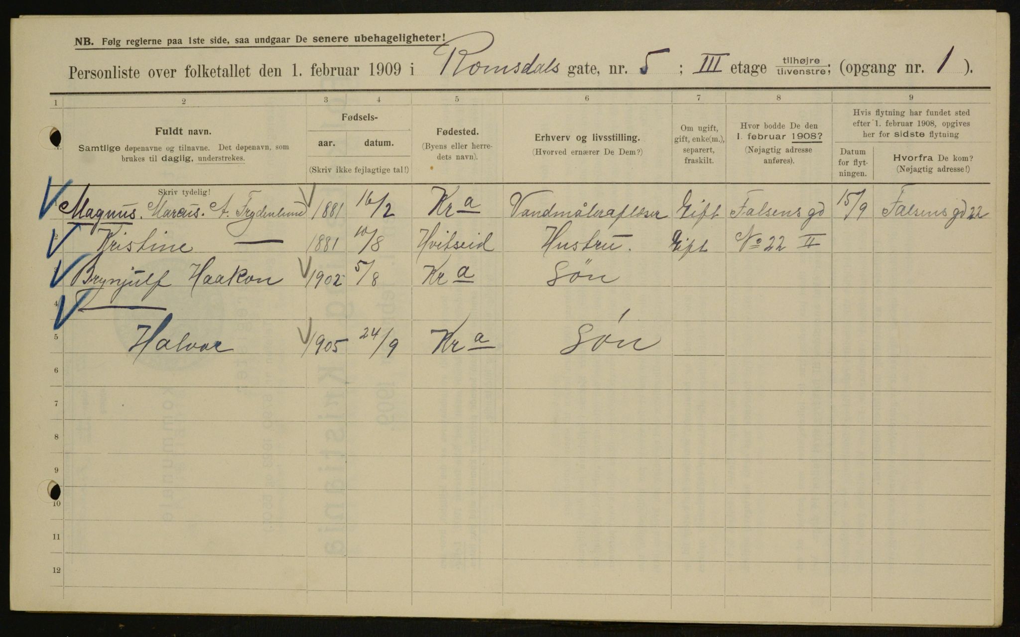 OBA, Municipal Census 1909 for Kristiania, 1909, p. 75460