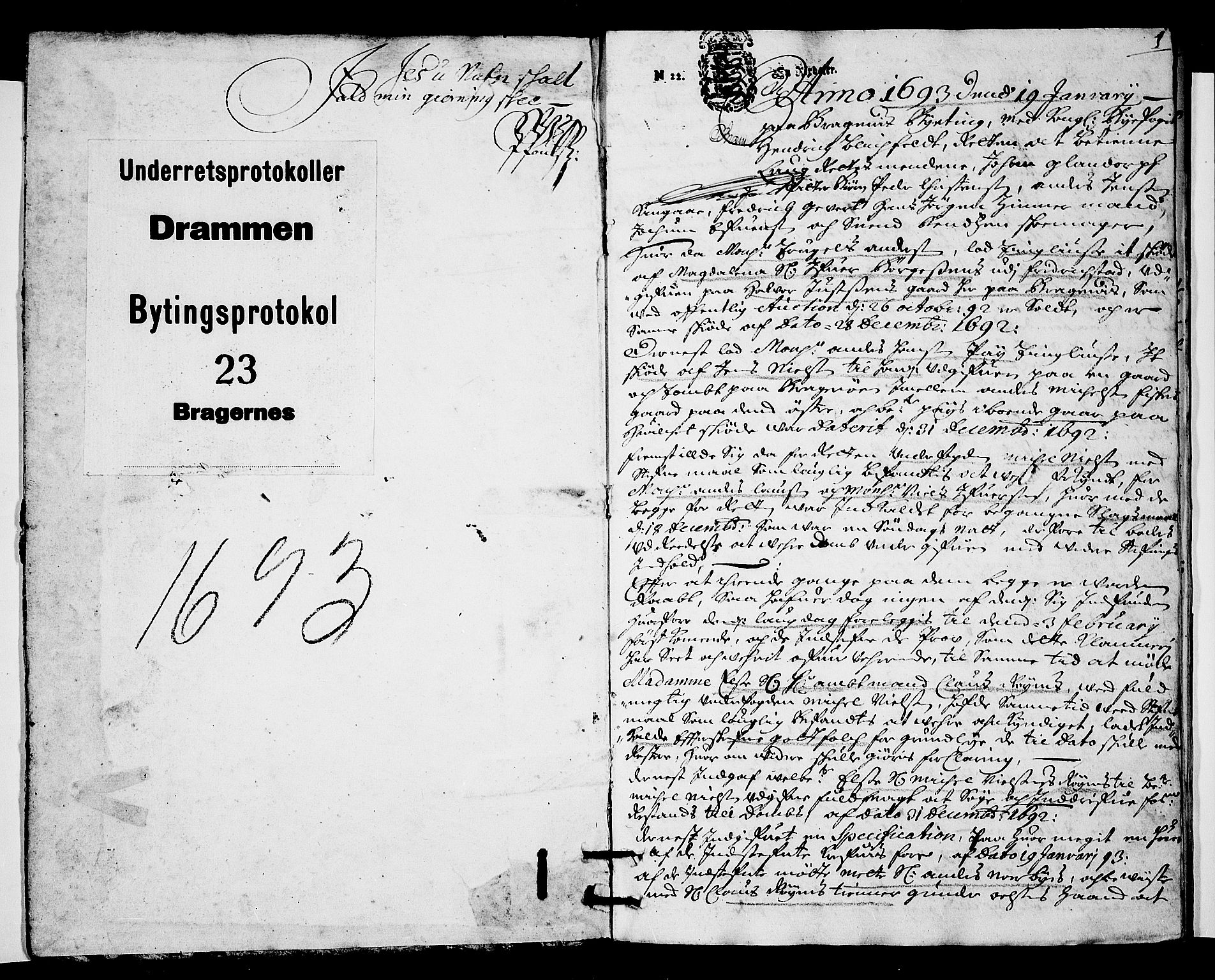 Drammen byfogd, SAKO/A-222/F/Fa/L0023: Tingbok. Bragernes., 1693, p. 0b-1a