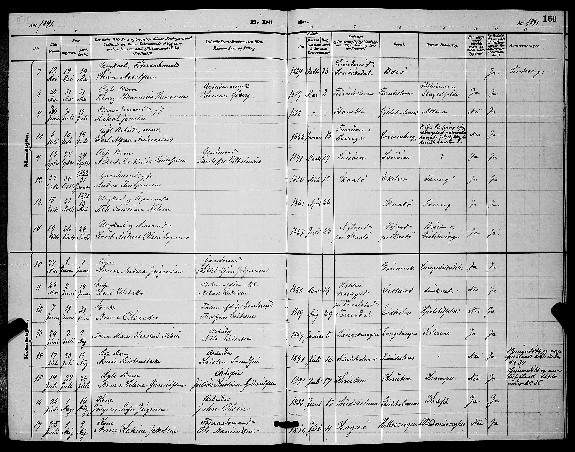 Skåtøy kirkebøker, SAKO/A-304/G/Ga/L0003: Parish register (copy) no. I 3, 1884-1898, p. 166