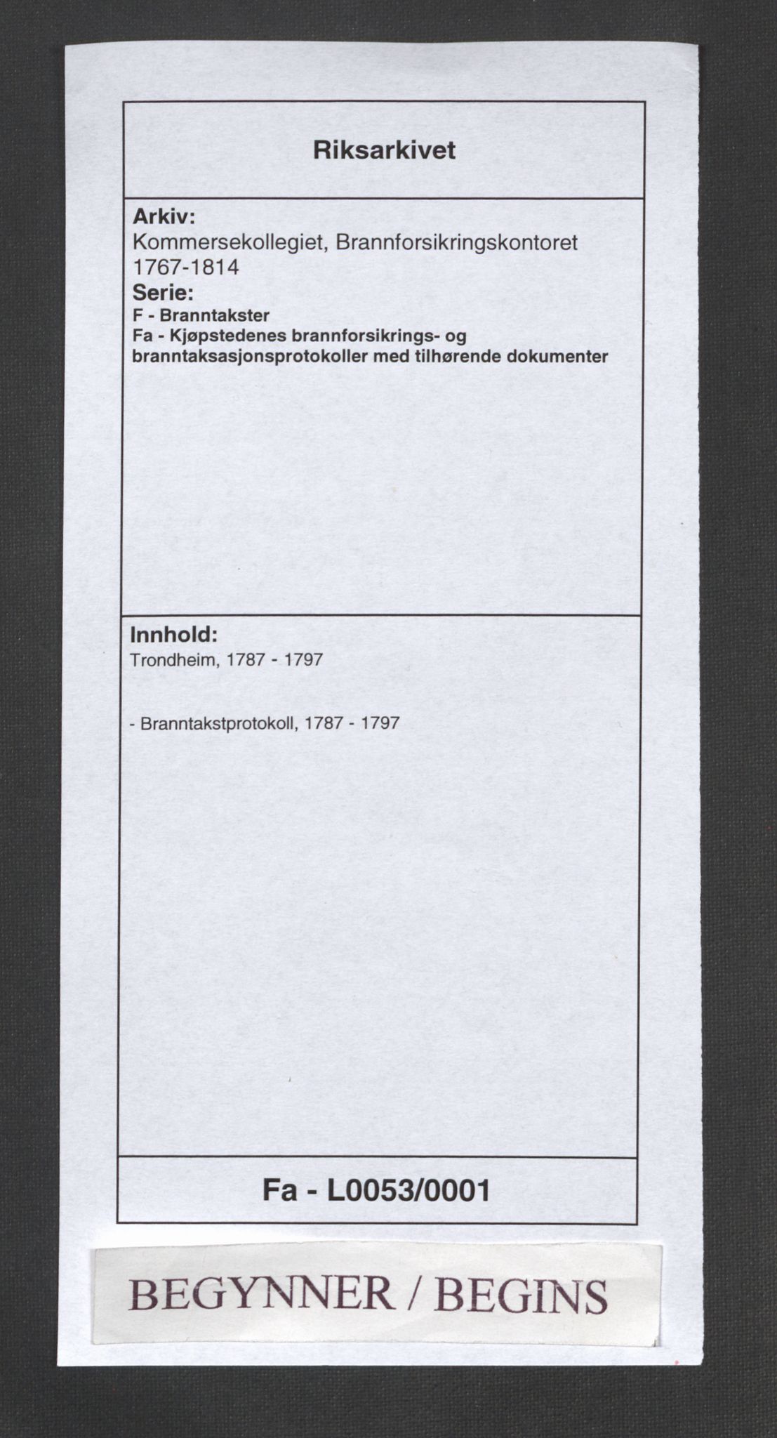 Kommersekollegiet, Brannforsikringskontoret 1767-1814, RA/EA-5458/F/Fa/L0053/0001: Trondheim / Branntakstprotokoll, 1787-1797