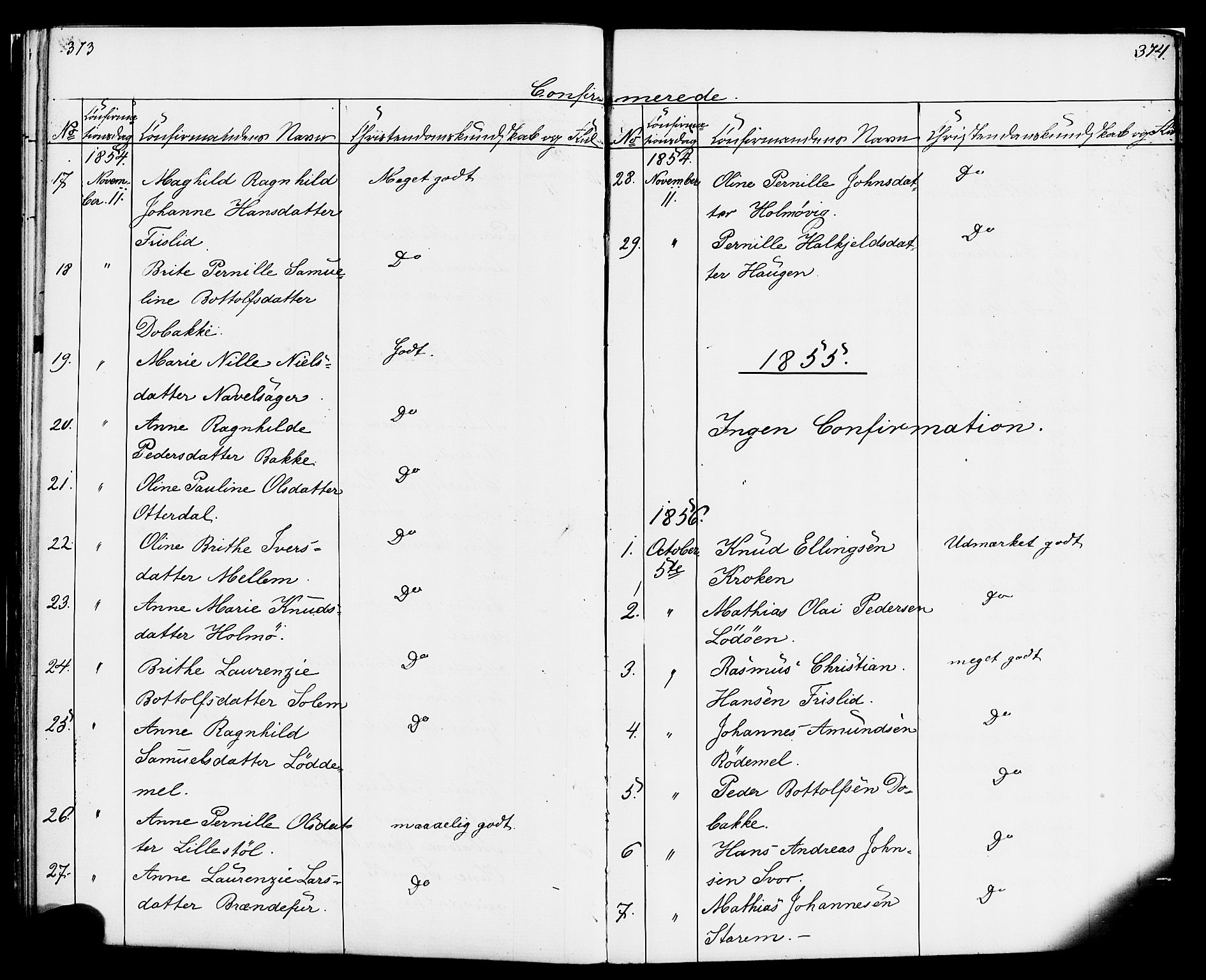 Hornindal sokneprestembete, SAB/A-82401/H/Haa/Haaa/L0001: Parish register (official) no. A 1, 1837-1866, p. 374-375