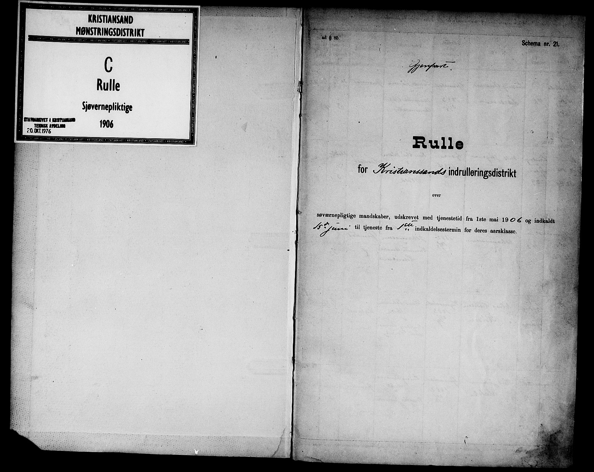 Kristiansand mønstringskrets, SAK/2031-0015/F/Fd/L0008: Rulle sjøvernepliktige, C-8, 1906, p. 1