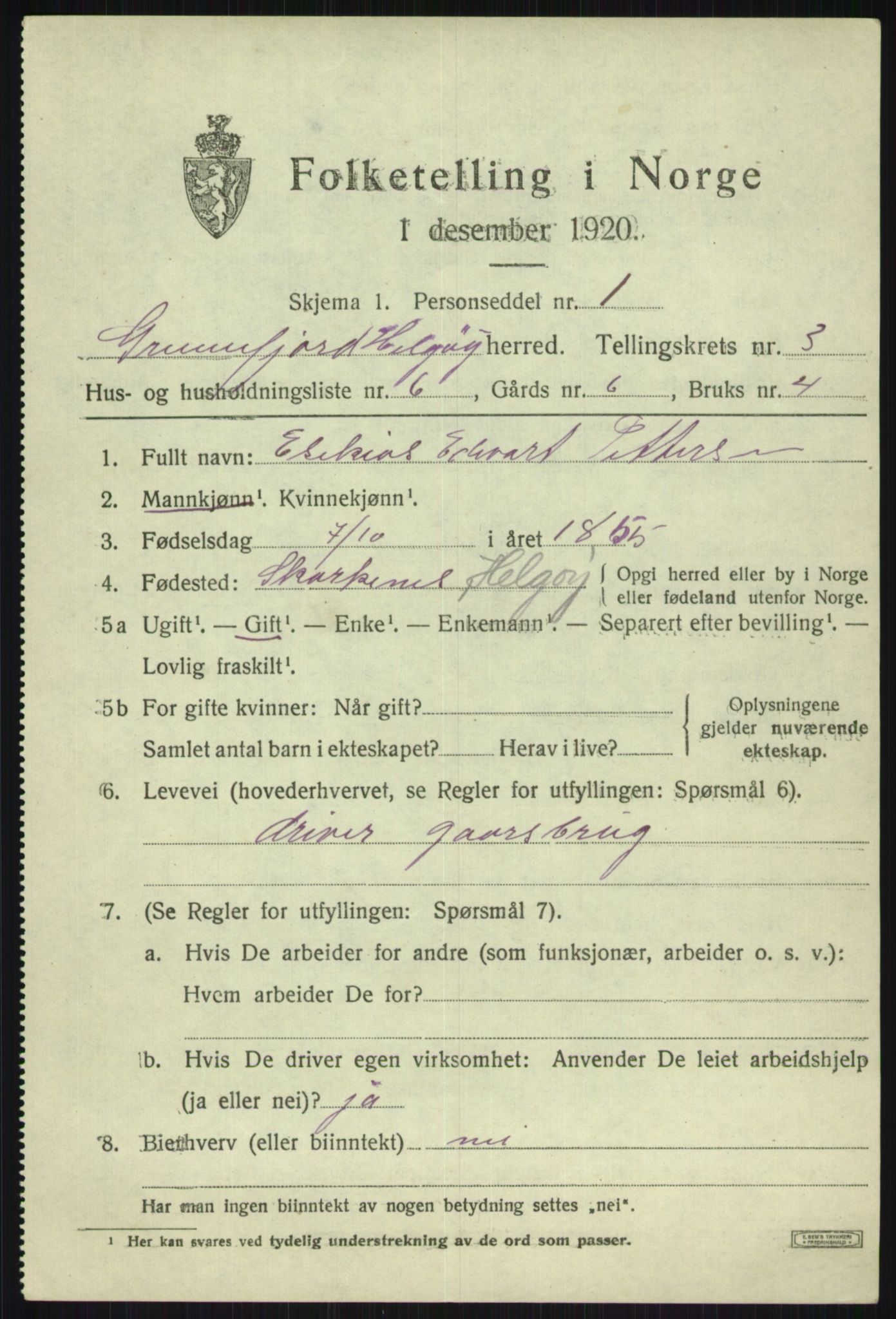 SATØ, 1920 census for Helgøy, 1920, p. 1447