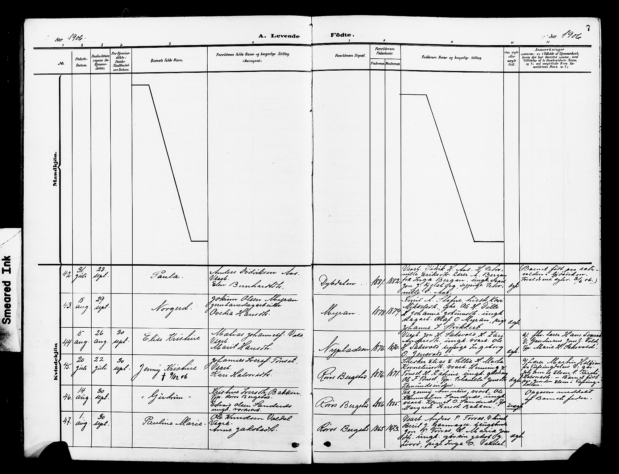 Ministerialprotokoller, klokkerbøker og fødselsregistre - Sør-Trøndelag, AV/SAT-A-1456/681/L0942: Parish register (copy) no. 681C06, 1906-1925, p. 7