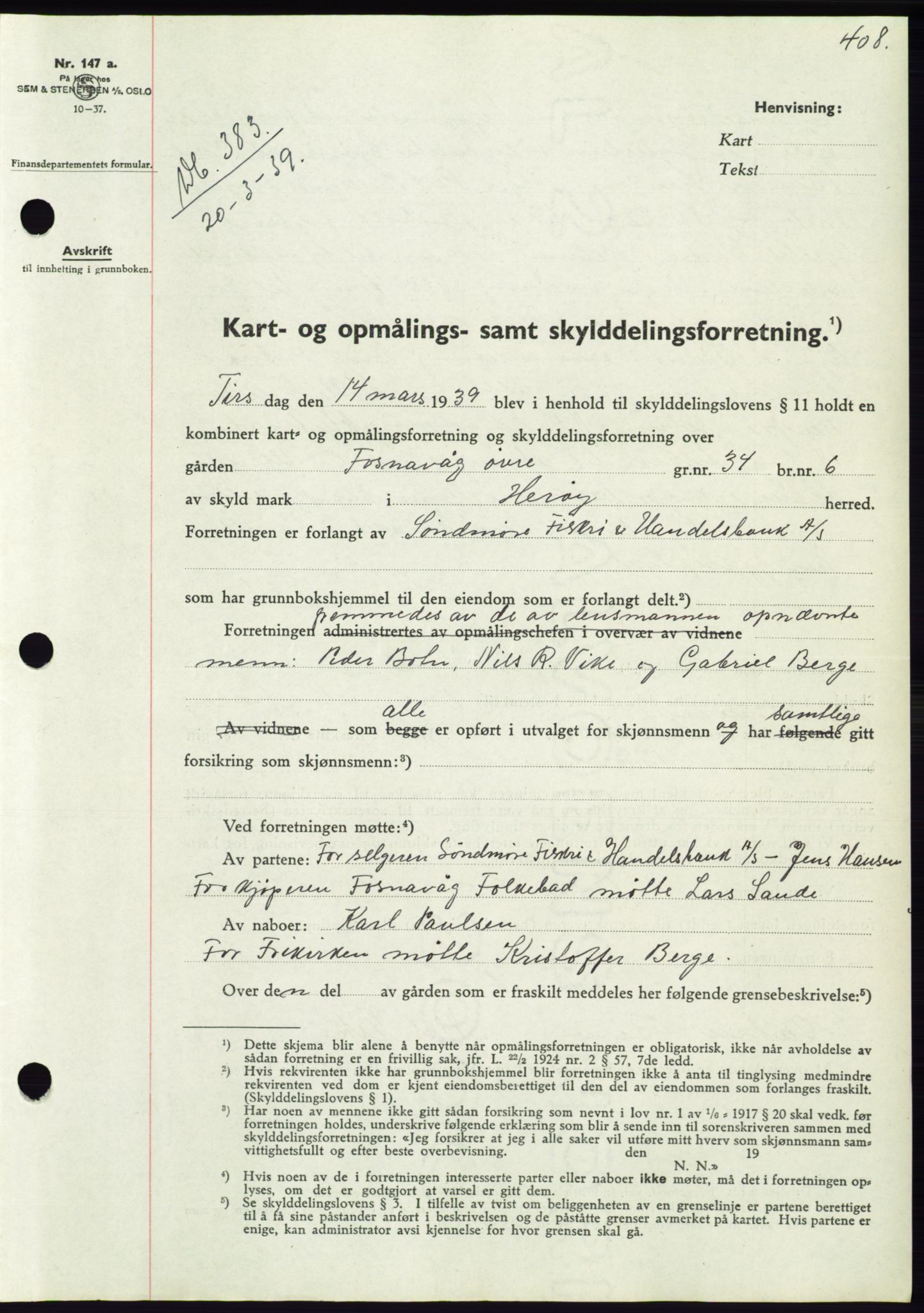 Søre Sunnmøre sorenskriveri, AV/SAT-A-4122/1/2/2C/L0067: Mortgage book no. 61, 1938-1939, Diary no: : 383/1939