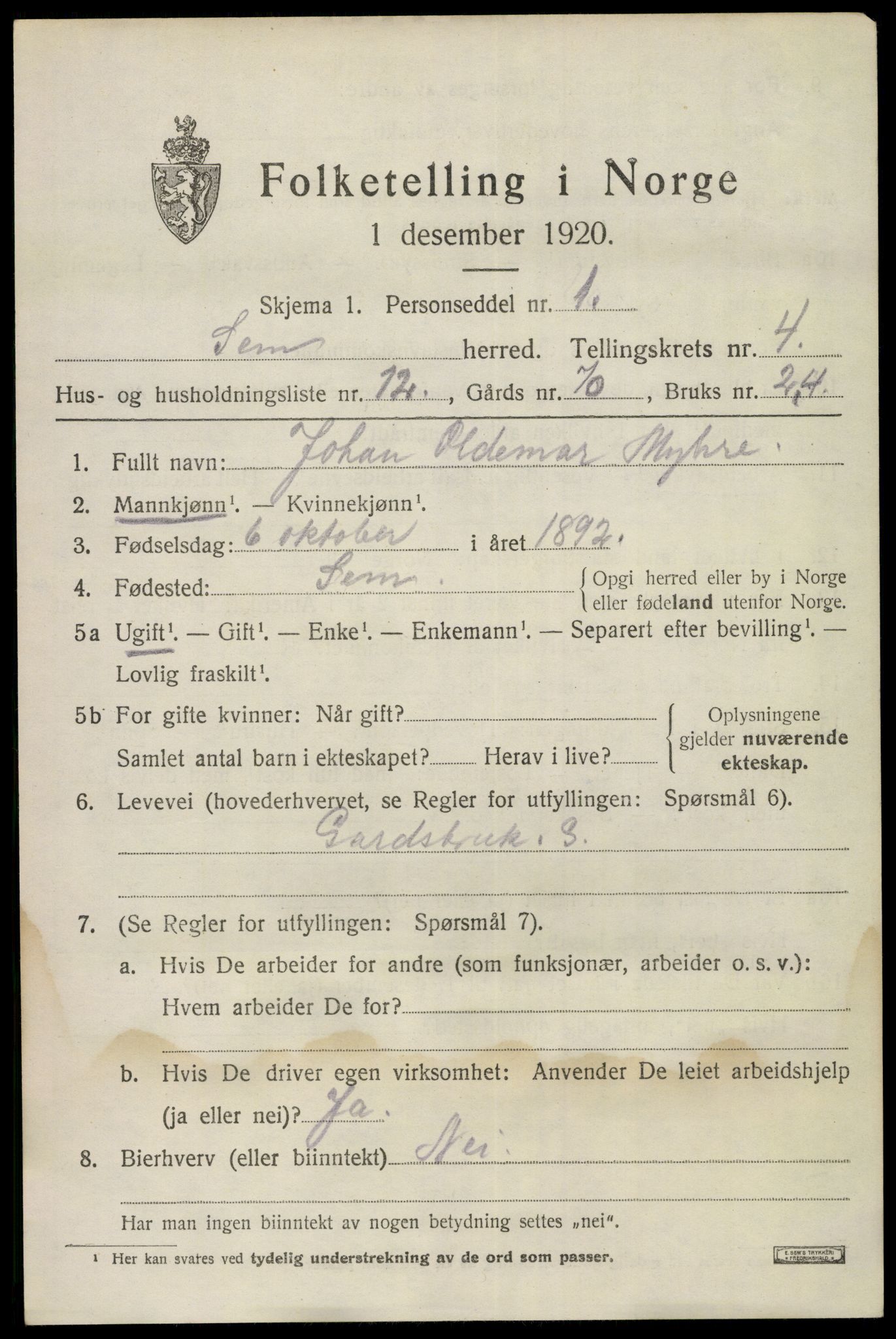 SAKO, 1920 census for Sem, 1920, p. 7209