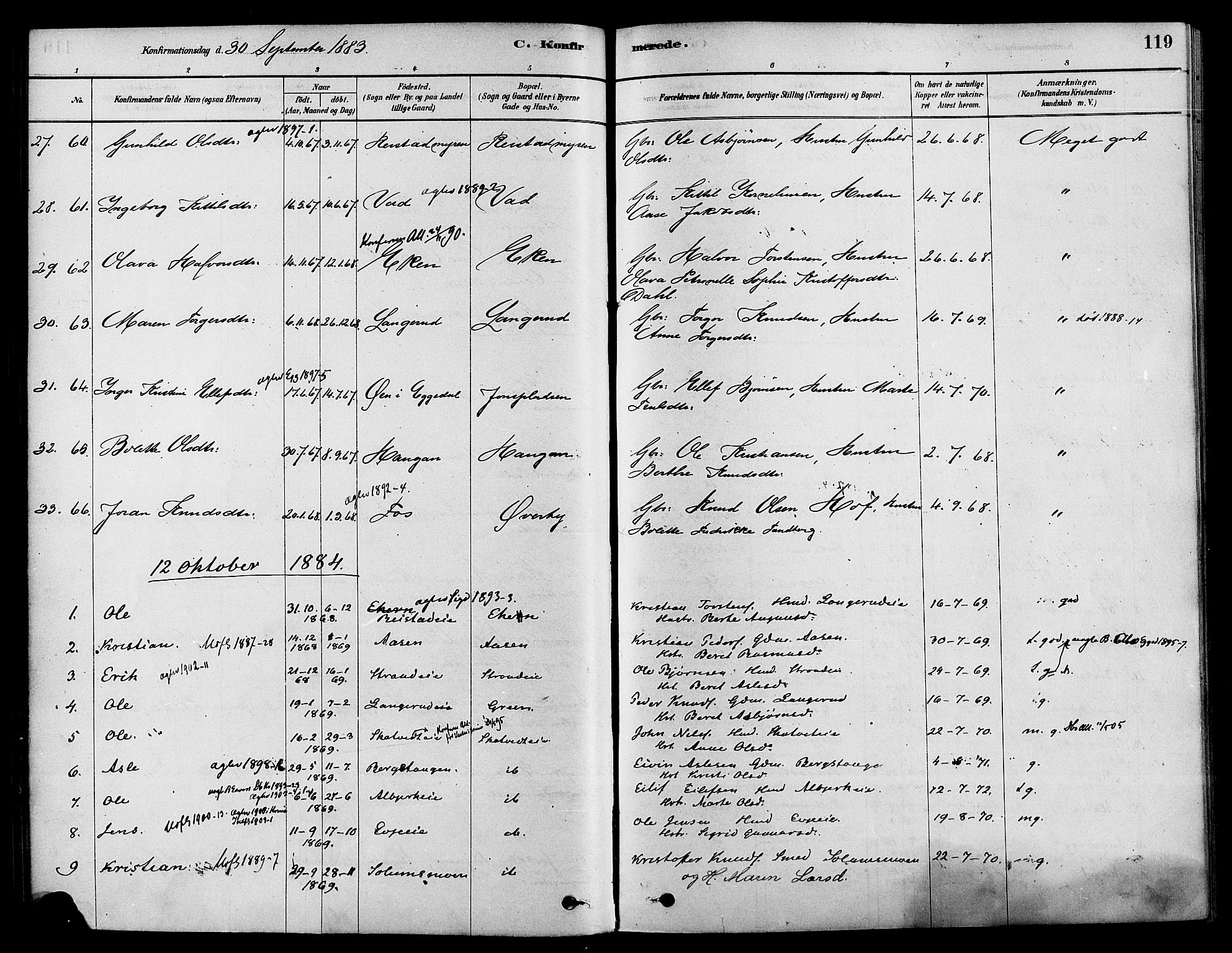 Sigdal kirkebøker, SAKO/A-245/F/Fa/L0011: Parish register (official) no. I 11, 1879-1887, p. 119