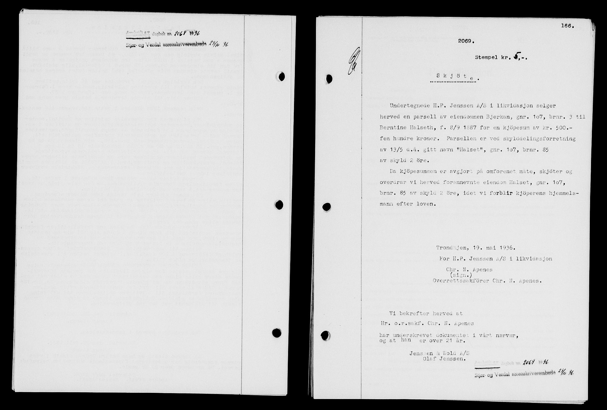 Stjør- og Verdal sorenskriveri, SAT/A-4167/1/2/2C/L0078: Mortgage book no. 46, 1936-1937, Diary no: : 2069/1936