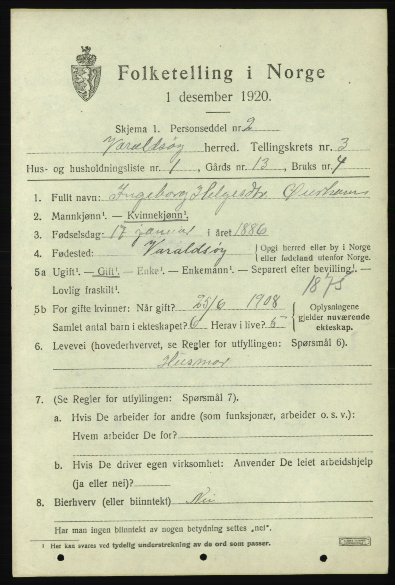 SAB, 1920 census for Varaldsøy, 1920, p. 1263