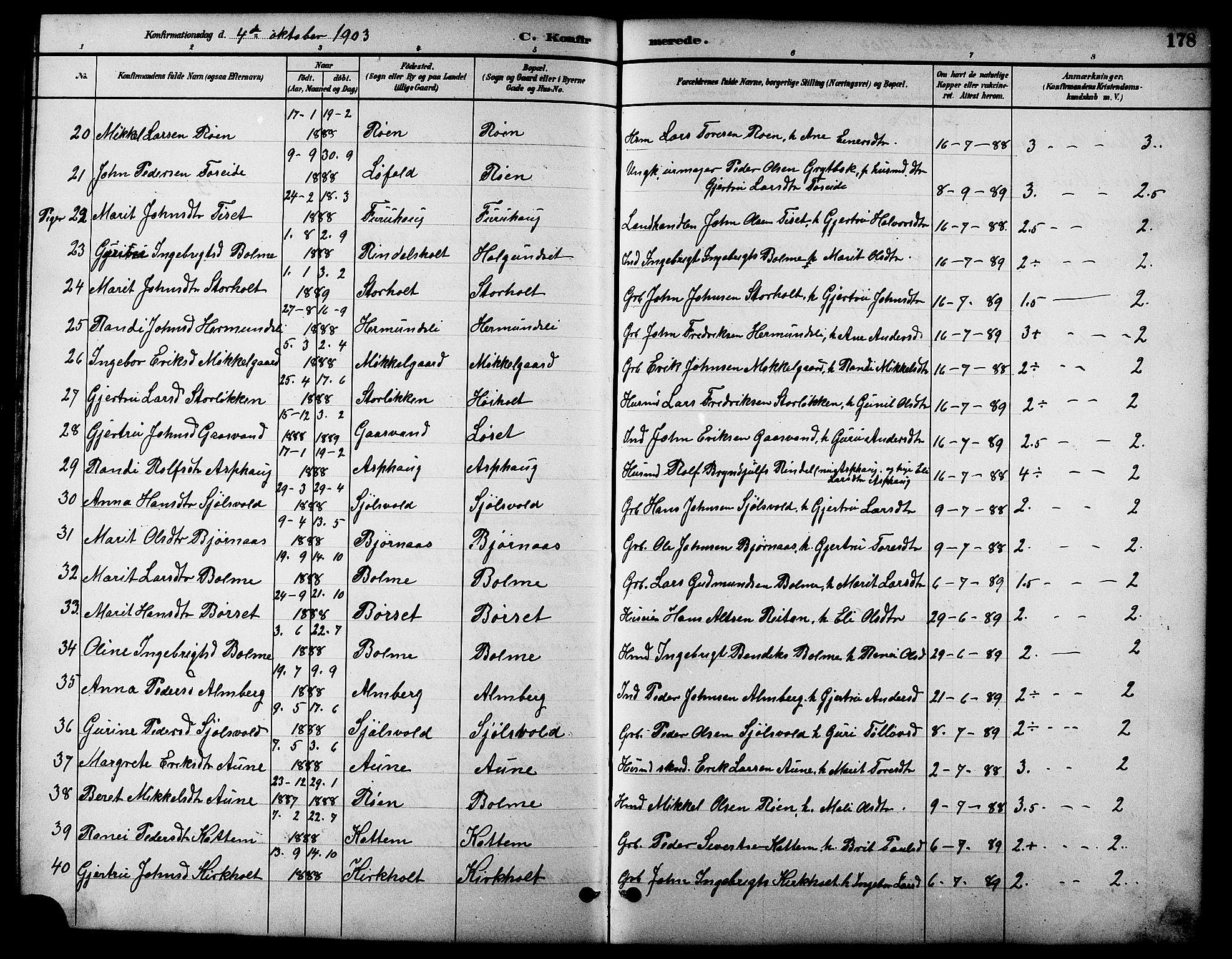 Ministerialprotokoller, klokkerbøker og fødselsregistre - Møre og Romsdal, SAT/A-1454/598/L1078: Parish register (copy) no. 598C03, 1892-1909, p. 178