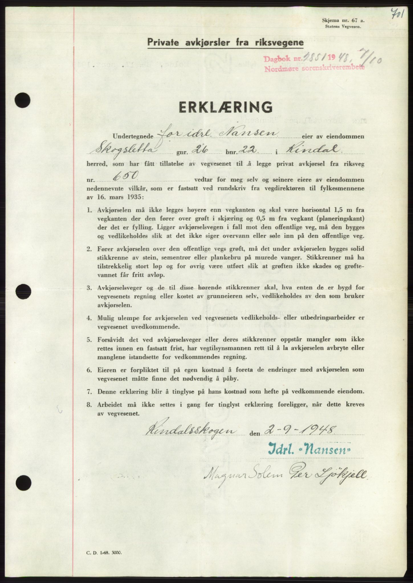 Nordmøre sorenskriveri, AV/SAT-A-4132/1/2/2Ca: Mortgage book no. B99, 1948-1948, Diary no: : 2851/1948