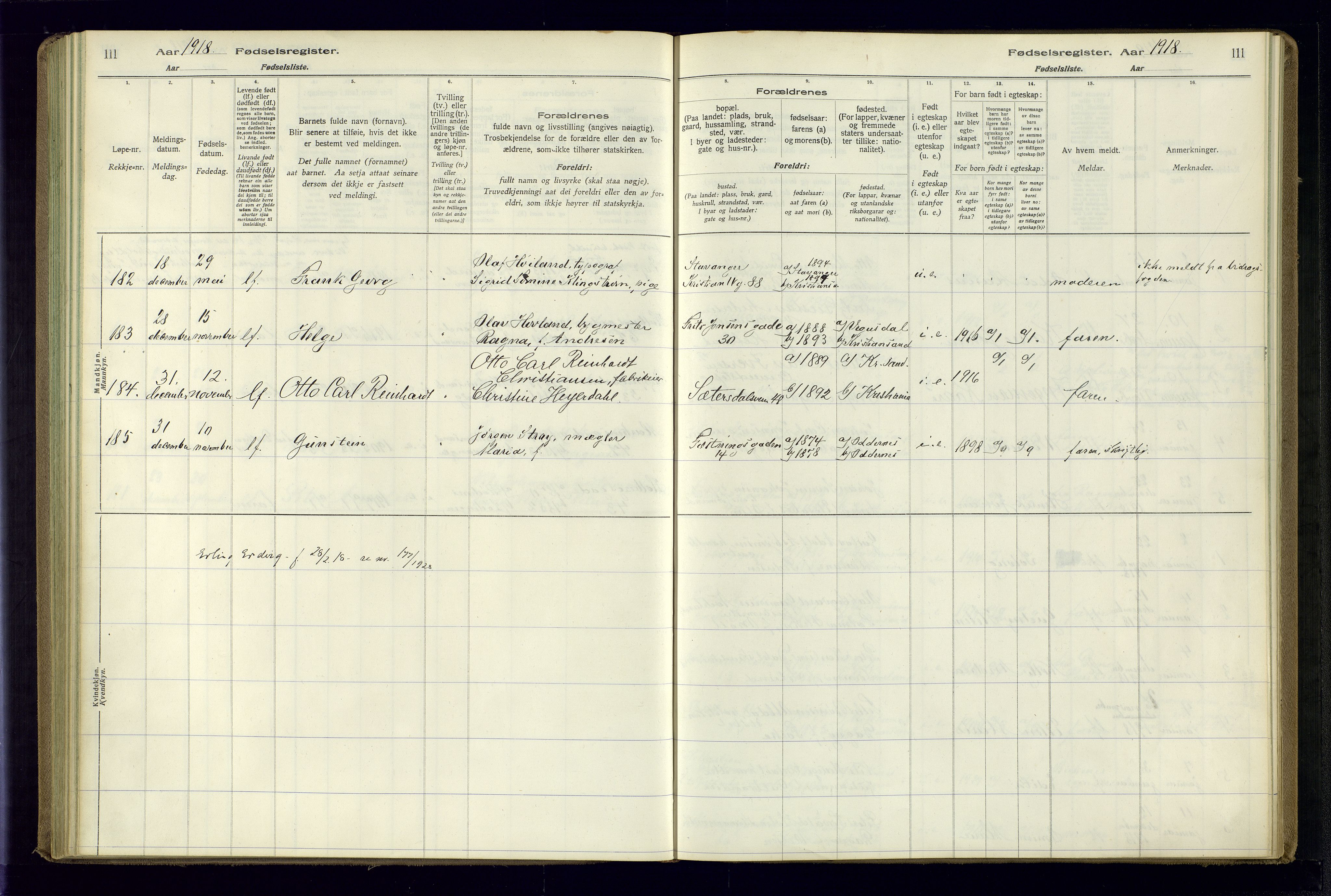 Kristiansand domprosti, AV/SAK-1112-0006/J/Jc/L0001: Birth register no. A-VI-45, 1916-1921, p. 111