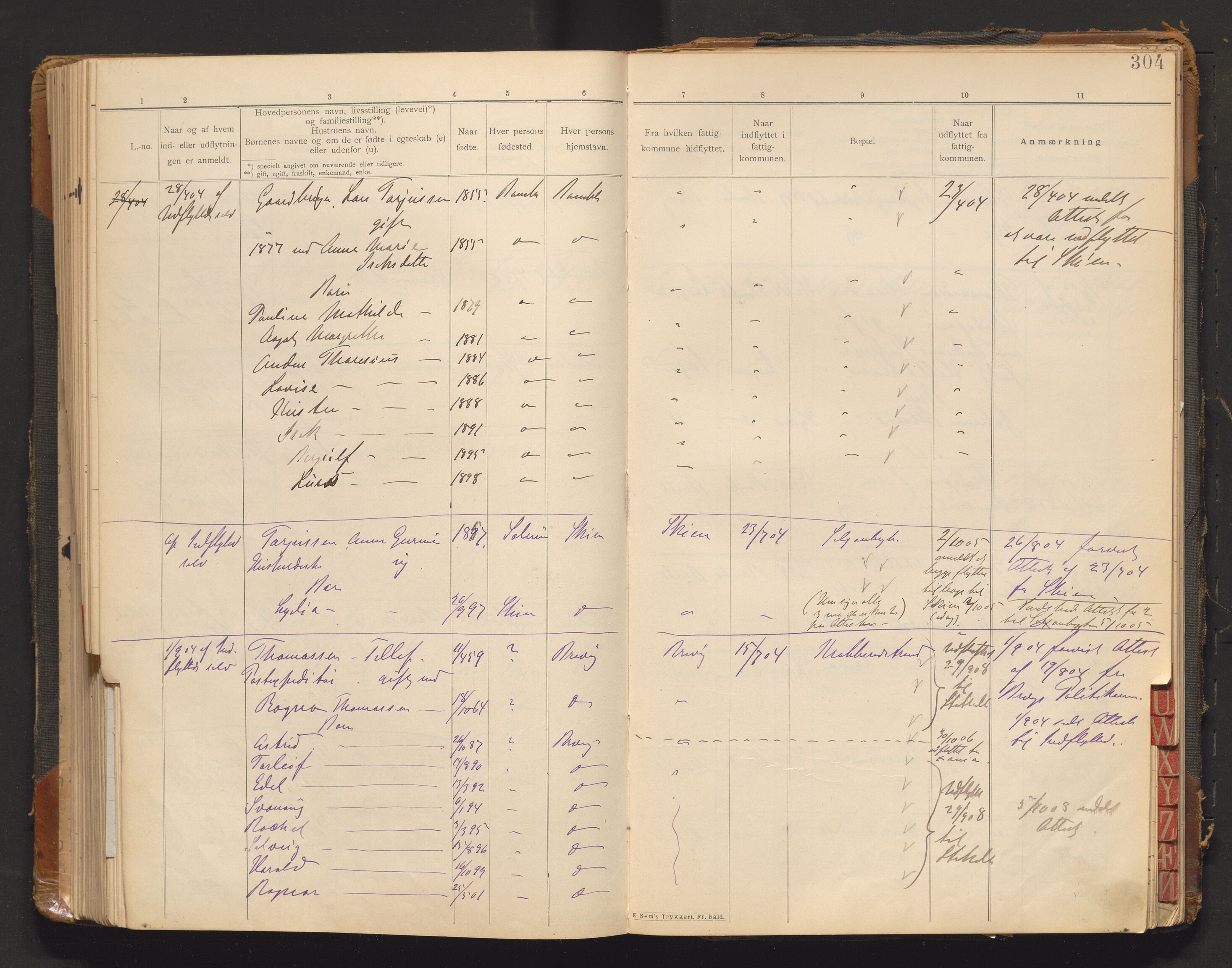 Bamble lensmannskontor, AV/SAKO-A-552/O/Oa/L0001: Protokoll over inn- og utflyttede - Bamble, 1901-1933, p. 304
