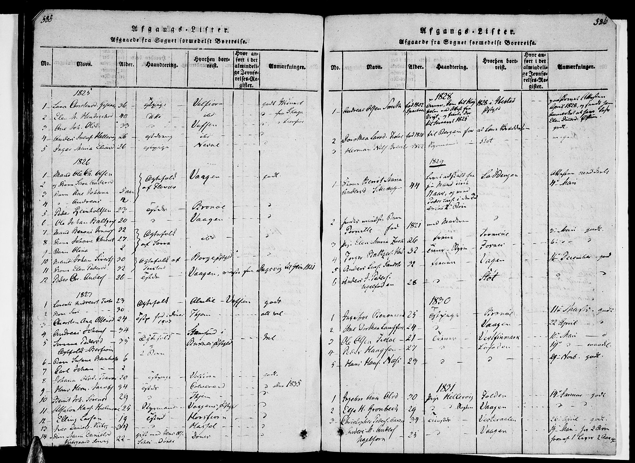Ministerialprotokoller, klokkerbøker og fødselsregistre - Nordland, SAT/A-1459/830/L0445: Parish register (official) no. 830A09, 1820-1830, p. 585-586