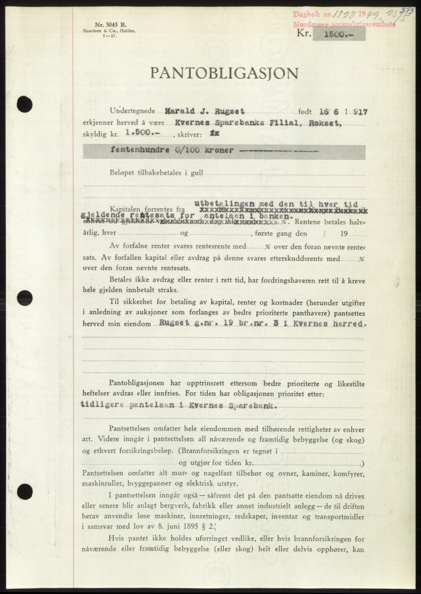 Nordmøre sorenskriveri, AV/SAT-A-4132/1/2/2Ca: Mortgage book no. B101, 1949-1949, Diary no: : 1323/1949