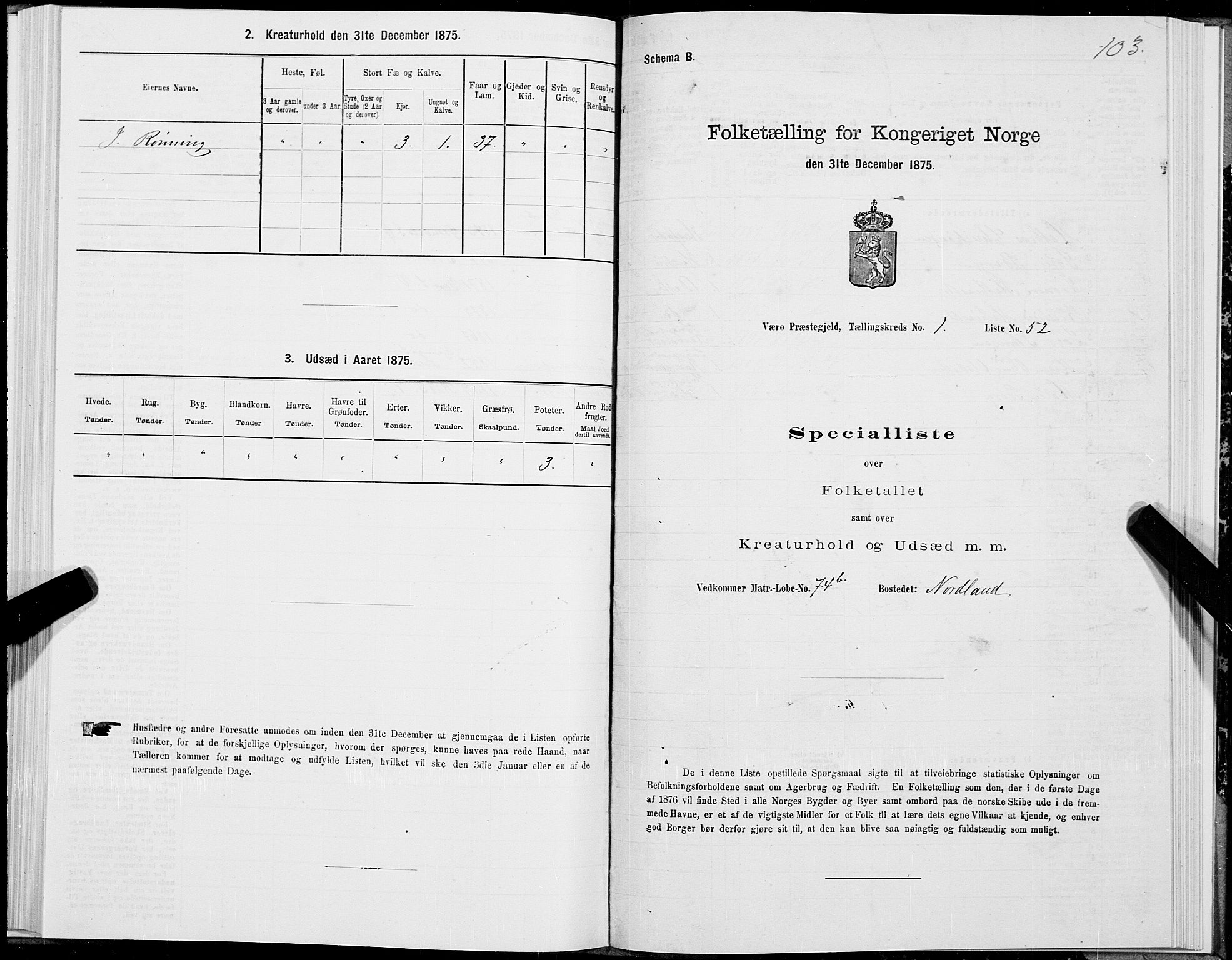 SAT, 1875 census for 1857P Værøy, 1875, p. 1103