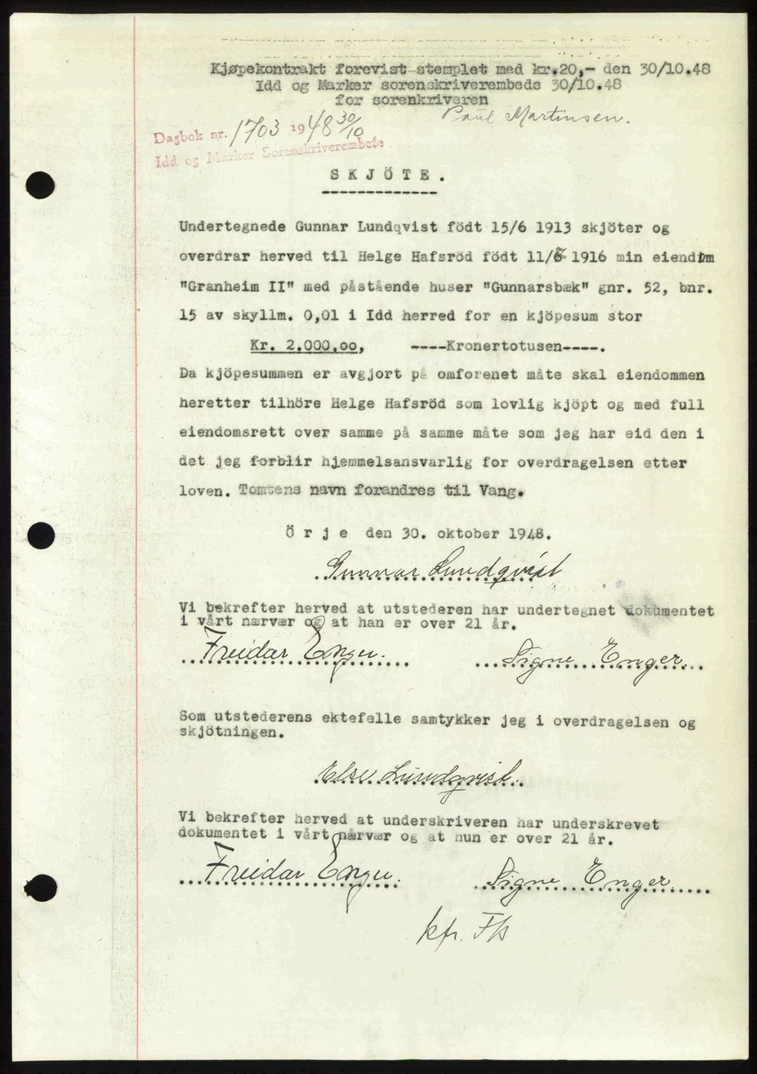 Idd og Marker sorenskriveri, AV/SAO-A-10283/G/Gb/Gbb/L0011: Mortgage book no. A11, 1948-1949, Diary no: : 1703/1948