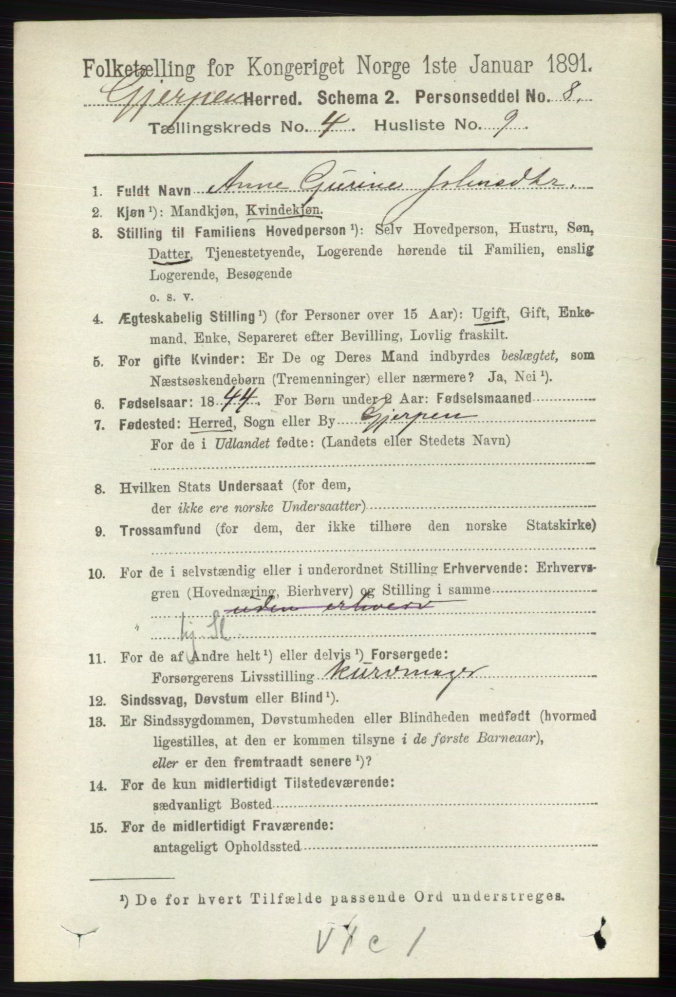 RA, 1891 census for 0812 Gjerpen, 1891, p. 1996