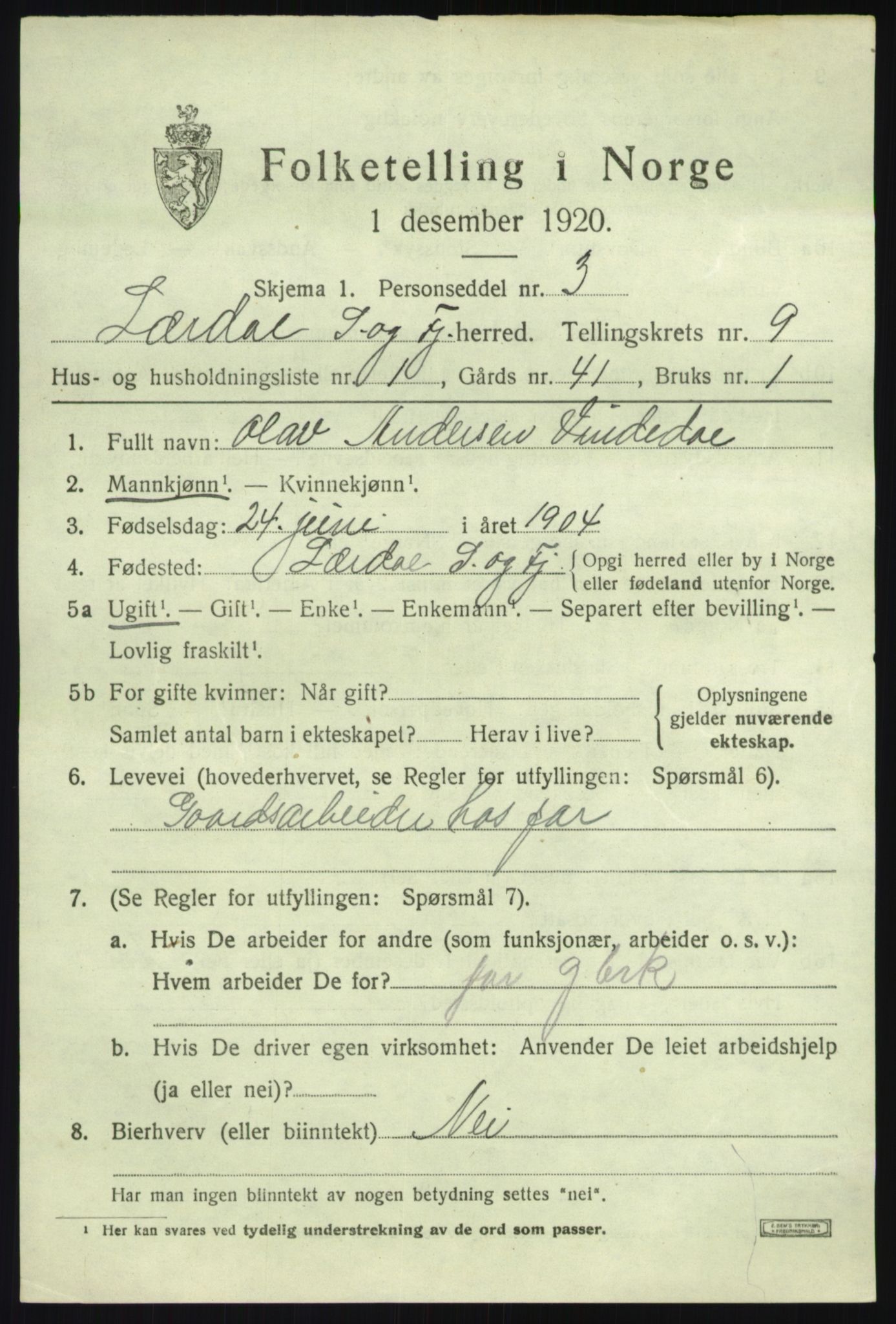 SAB, 1920 census for Lærdal, 1920, p. 4254