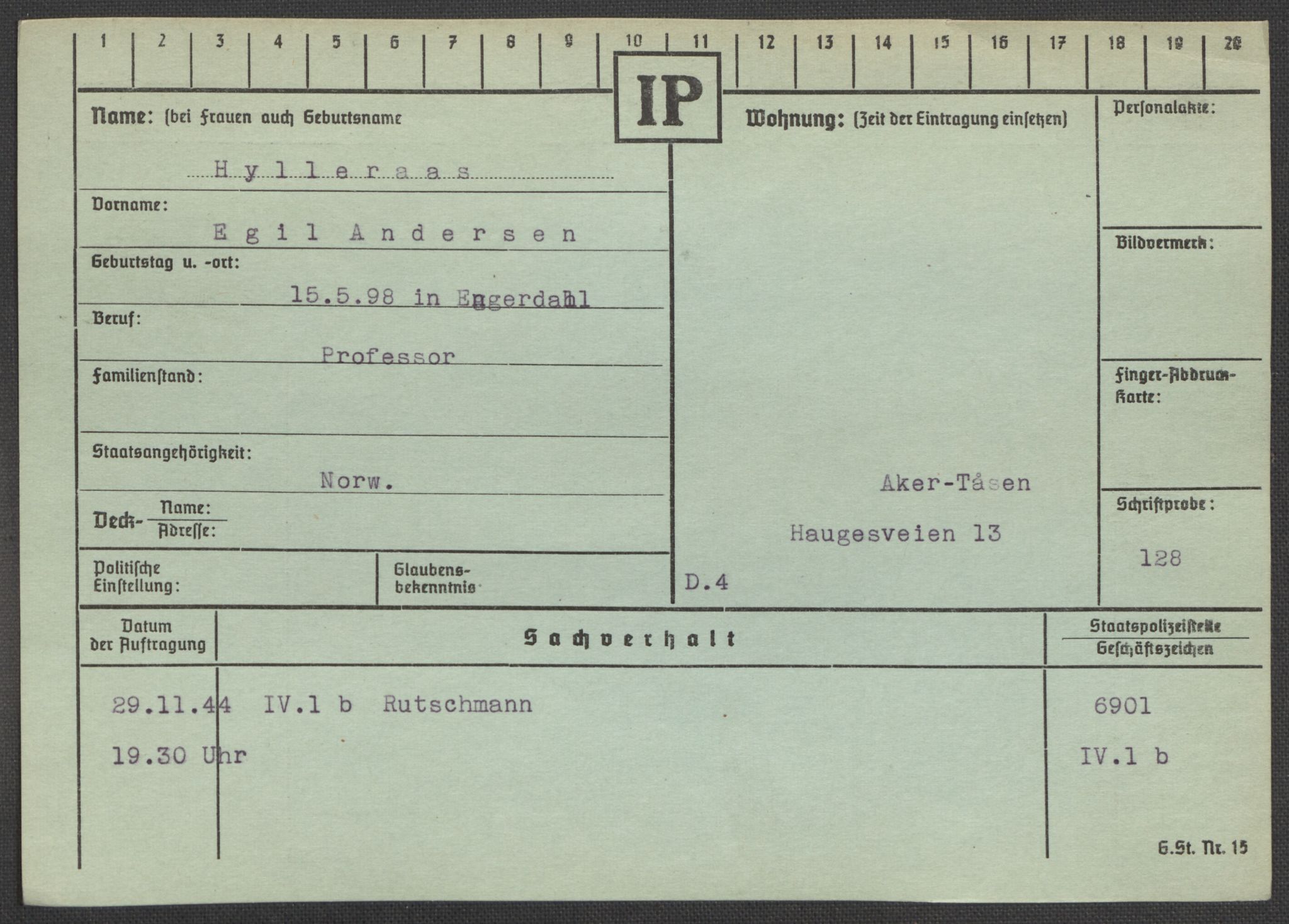 Befehlshaber der Sicherheitspolizei und des SD, AV/RA-RAFA-5969/E/Ea/Eaa/L0004: Register over norske fanger i Møllergata 19: Hal-Hæ, 1940-1945, p. 1473