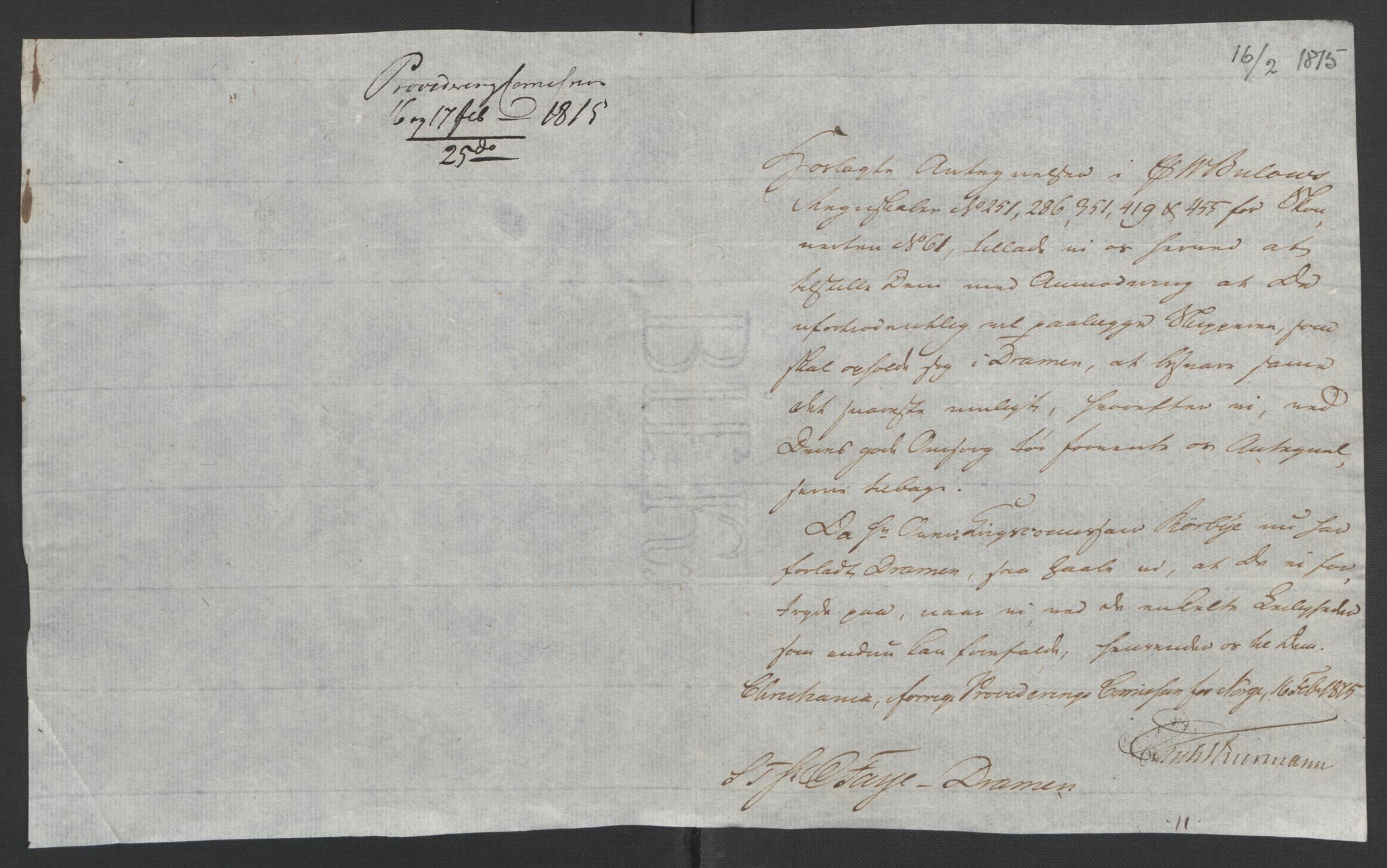 Faye, Andreas, AV/RA-PA-0015/F/Fh/L0026/0003: -- / Breve fra Grev J. H. C. Wedel-Jarlsberg til Chr. Faye angaaende kornprovideringen 1809-1810 og 1822. Brev fra provideringscommissionen til Jac. Aall og Chr. Faye 1808-1815. Jfr. IX 12 og 58-59, p. 110