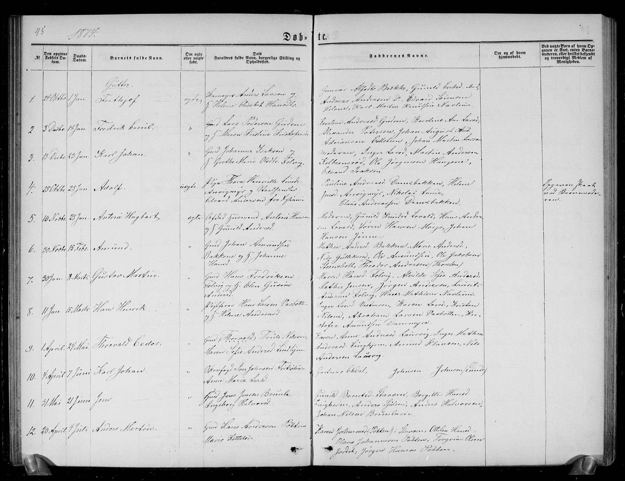 Brunlanes kirkebøker, SAKO/A-342/G/Ga/L0002: Parish register (copy) no. I 2, 1866-1876, p. 45