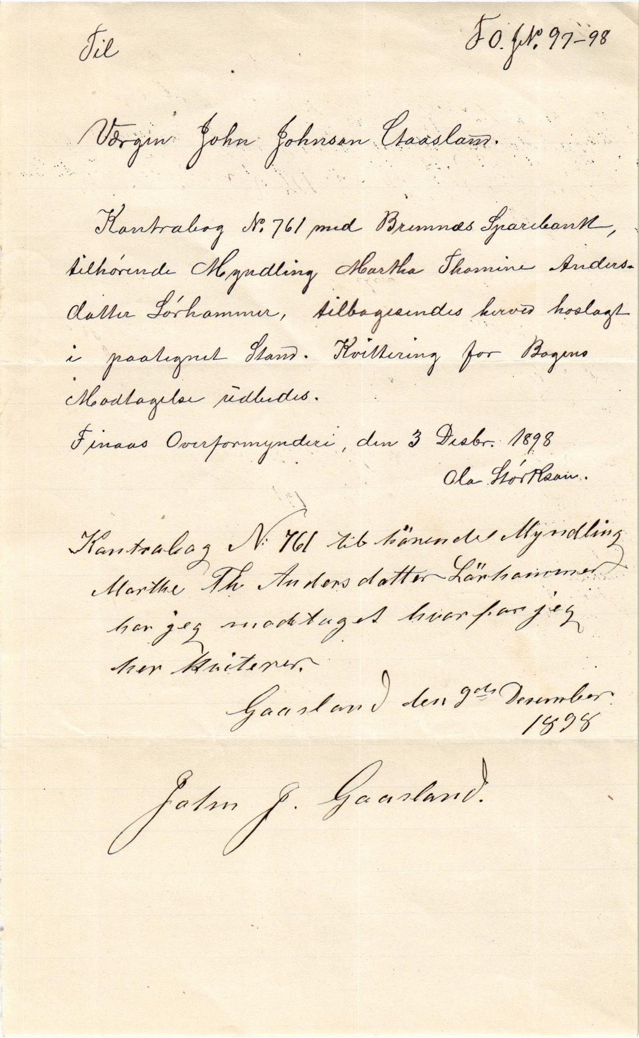 Finnaas kommune. Overformynderiet, IKAH/1218a-812/D/Da/Daa/L0002/0001: Kronologisk ordna korrespondanse / Kronologisk ordna korrespondanse, 1896-1900, p. 114