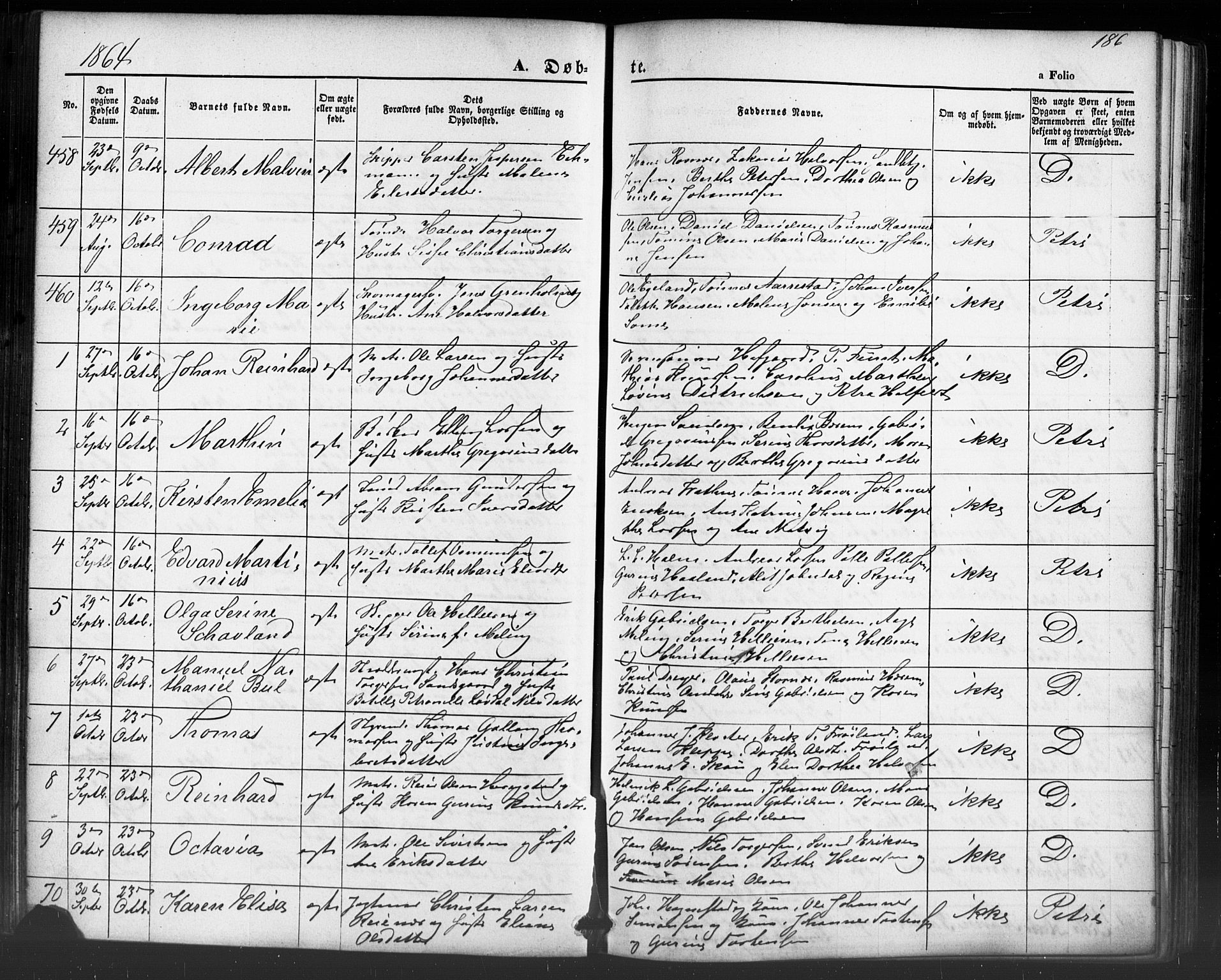 Domkirken sokneprestkontor, SAST/A-101812/001/30/30BB/L0012: Parish register (copy) no. B 12, 1860-1871, p. 186