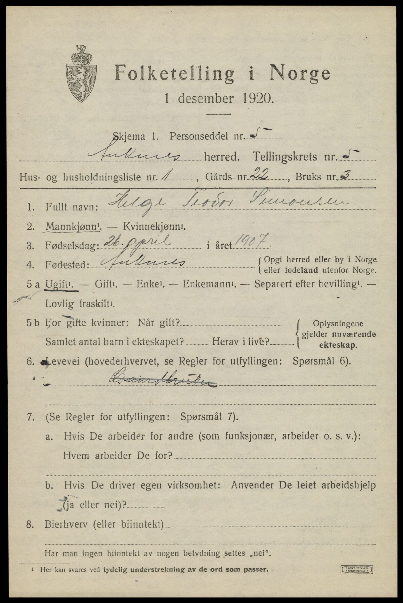 SAT, 1920 census for Ankenes, 1920, p. 3117