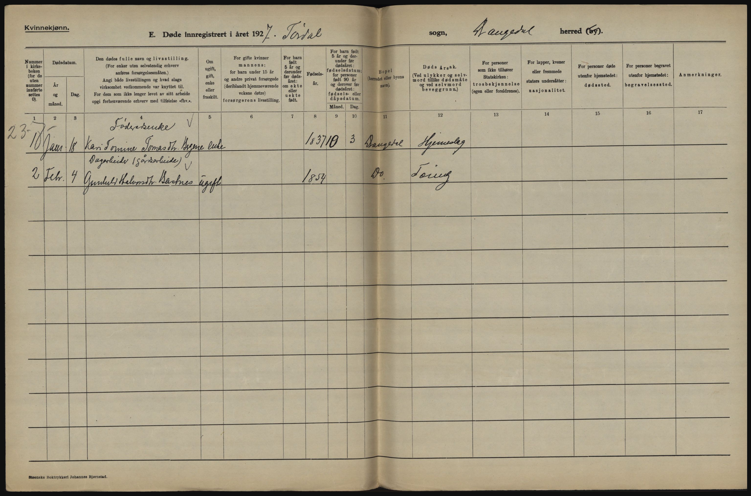 Statistisk sentralbyrå, Sosiodemografiske emner, Befolkning, AV/RA-S-2228/D/Df/Dfc/Dfcg/L0020: Telemark fylke: Gifte, døde. Bygder og byer., 1927, p. 460