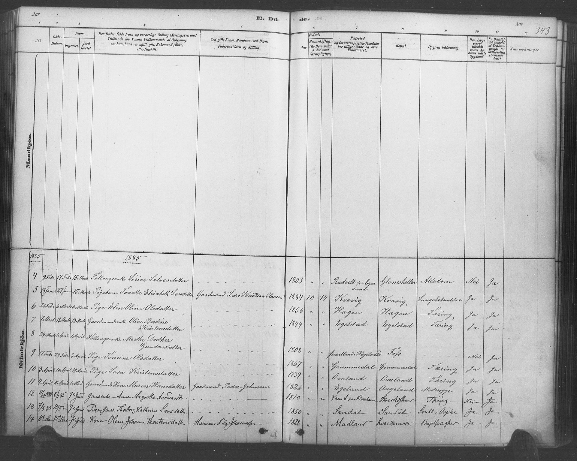 Lyngdal sokneprestkontor, AV/SAK-1111-0029/F/Fa/Fac/L0011: Parish register (official) no. A 11, 1878-1893, p. 343