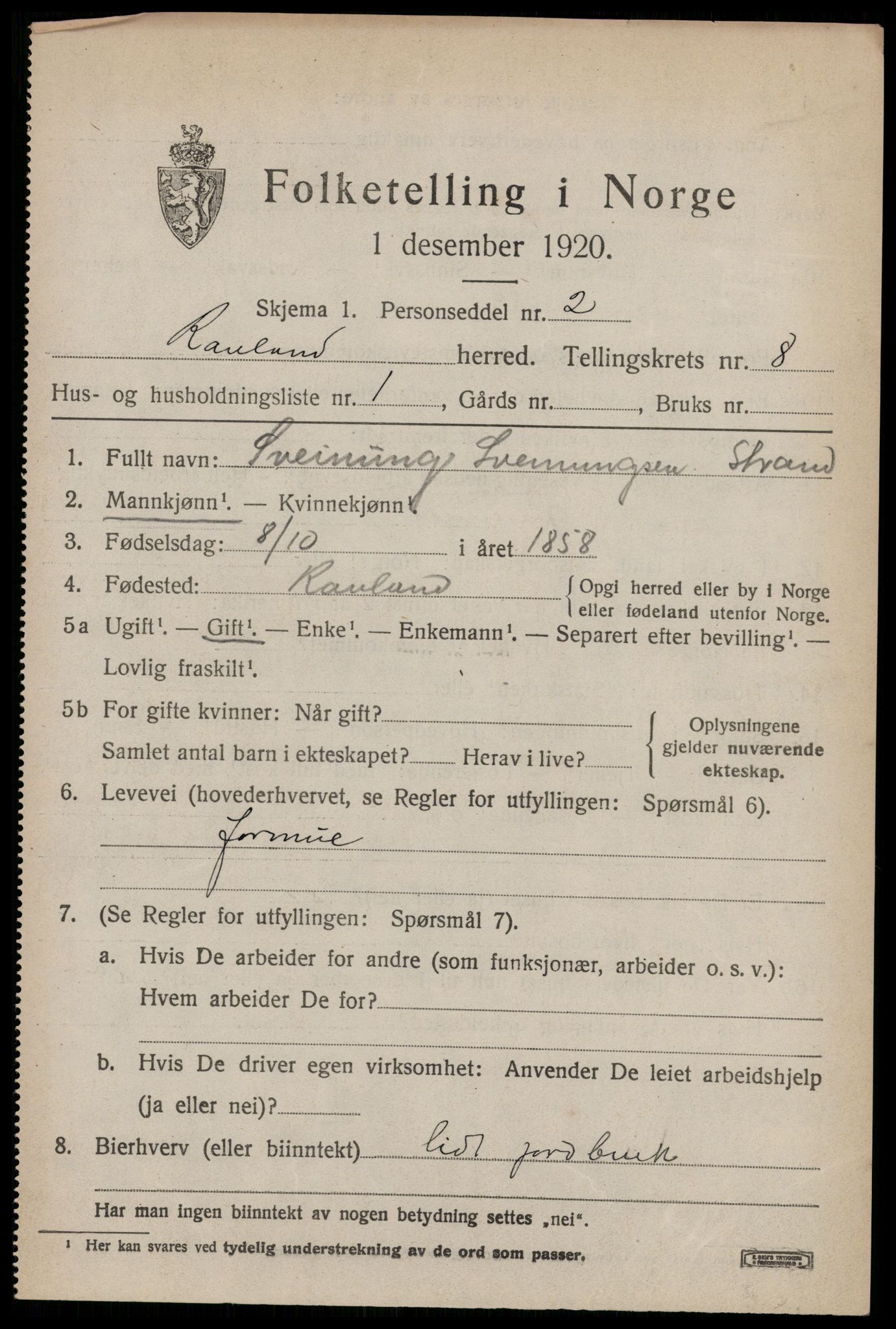 SAKO, 1920 census for Rauland, 1920, p. 1798