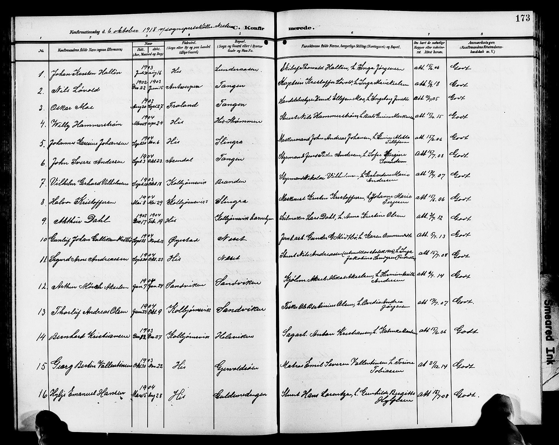 Hisøy sokneprestkontor, AV/SAK-1111-0020/F/Fb/L0004: Parish register (copy) no. B 4, 1905-1923, p. 173