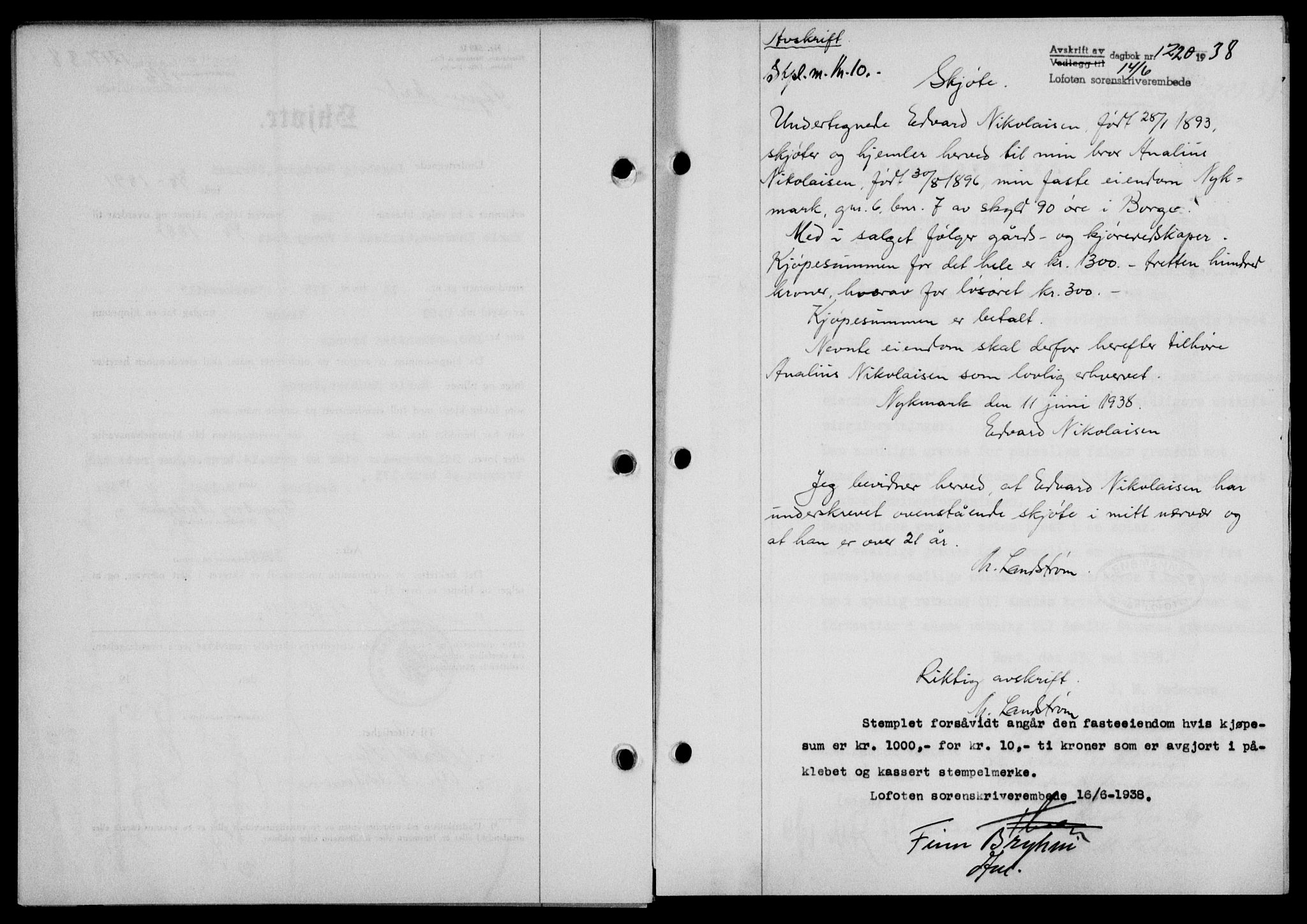 Lofoten sorenskriveri, SAT/A-0017/1/2/2C/L0004a: Mortgage book no. 4a, 1938-1938, Diary no: : 1220/1938